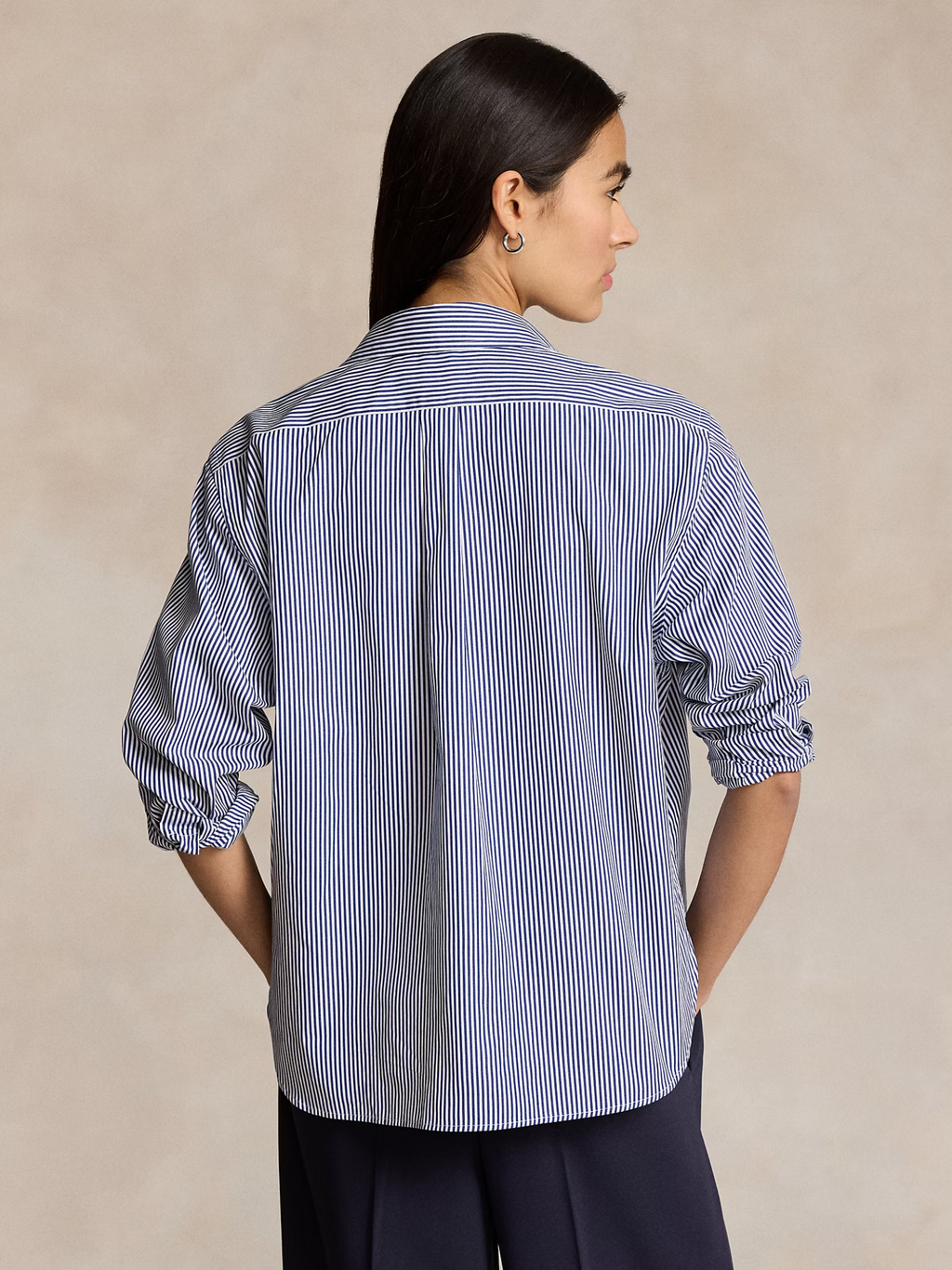 RALPH LAUREN WOMEN Cropped Boxy Striped Cotton Shirt White/Fall Royal