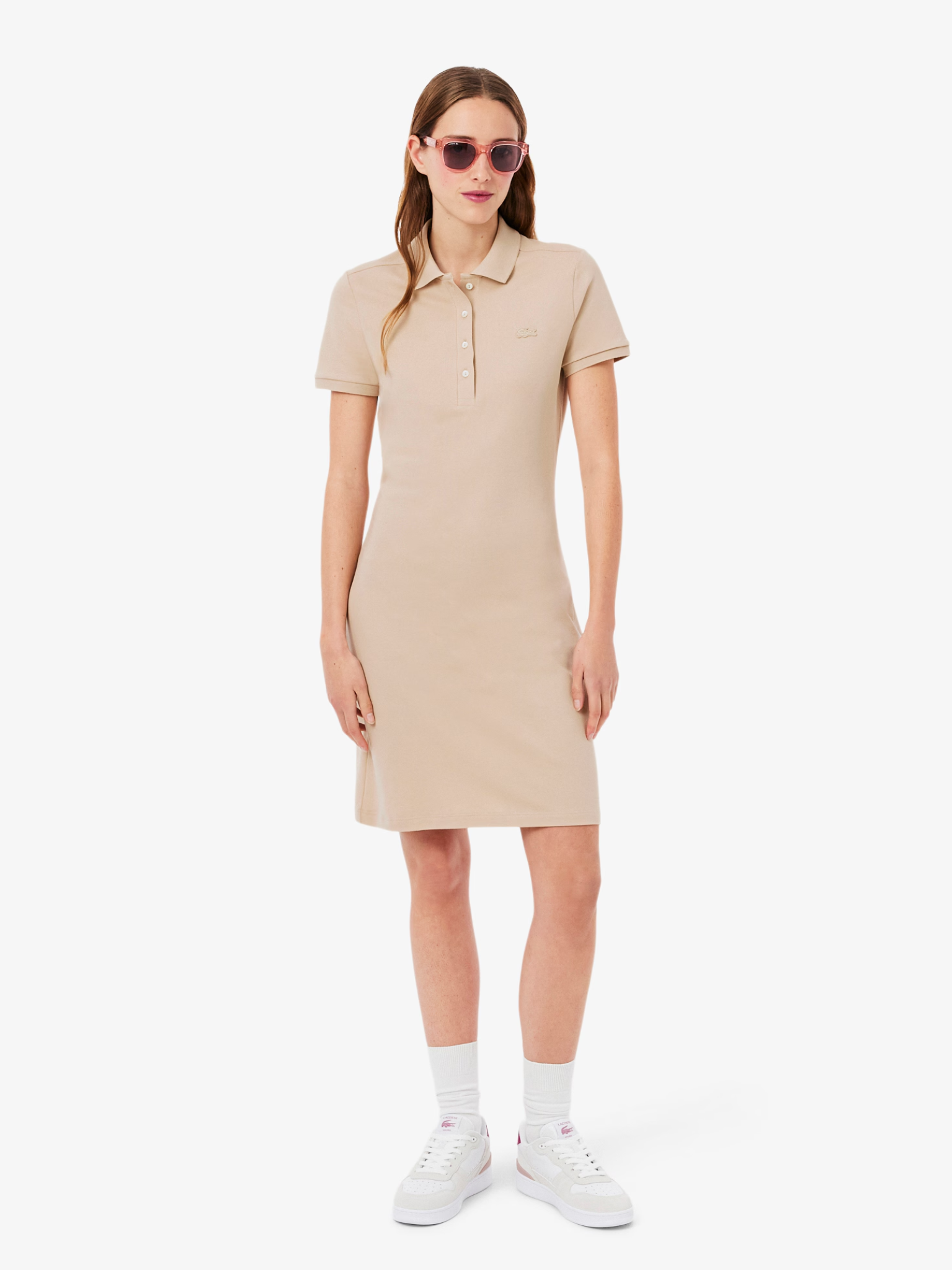LACOSTE WOMEN Slim Fit Stretch Mini Piqué Polo Dress Beige
