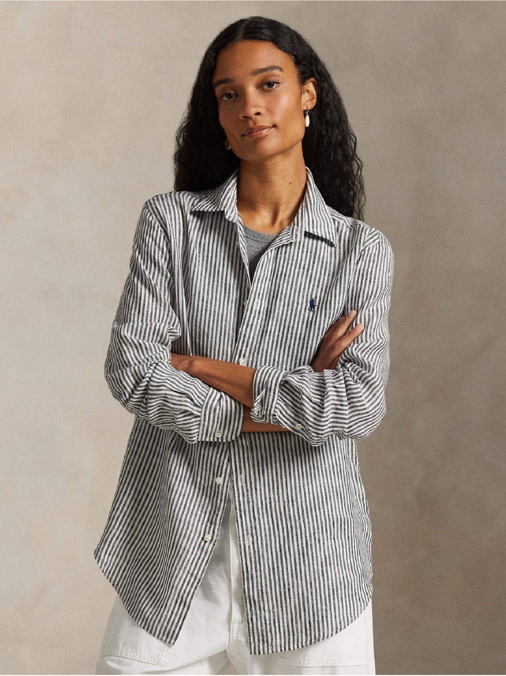 RALPH LAUREN WOMEN Classic Fit Striped Linen Shirt Polo Black/White