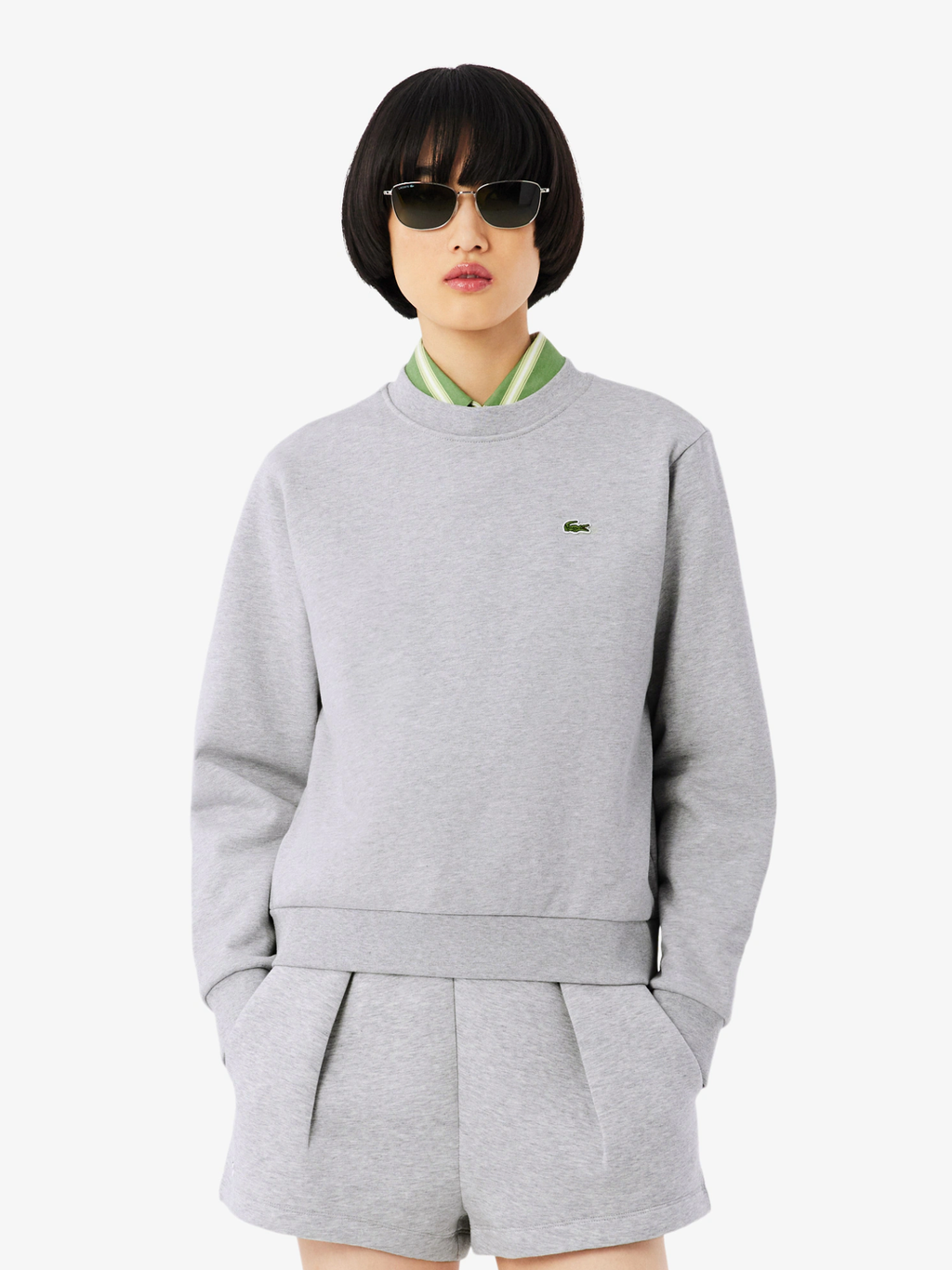LACOSTE WOMEN Relaxed Fit Fleece Crew Neck Sweatshirt Light Grey