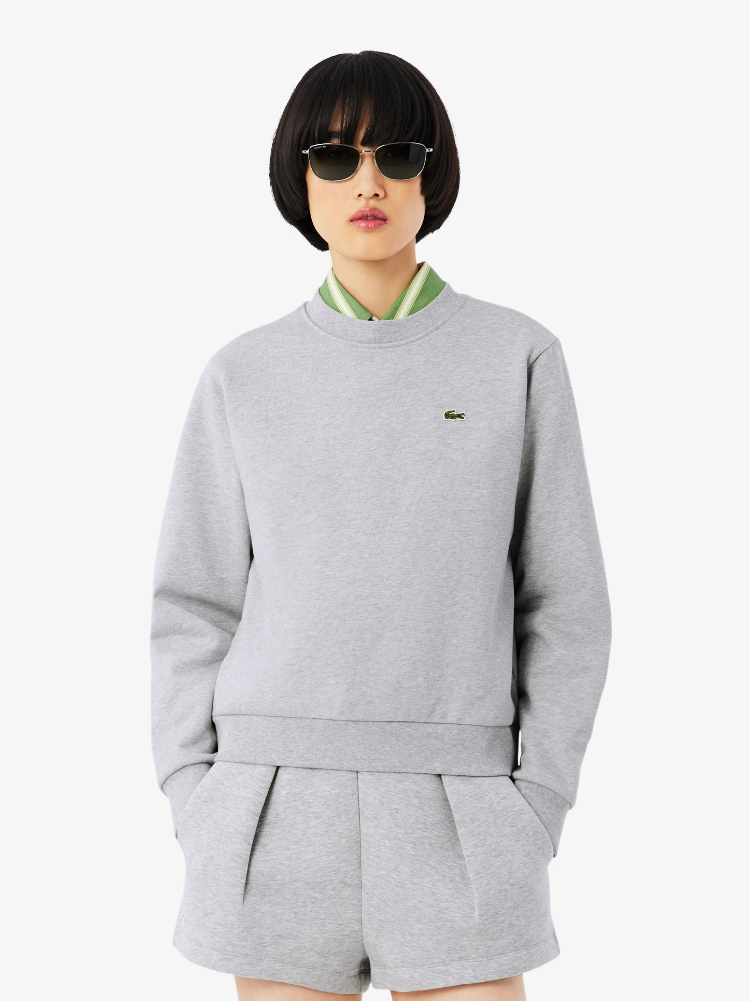 LACOSTE WOMEN Relaxed Fit Fleece Crew Neck Sweatshirt Light Grey