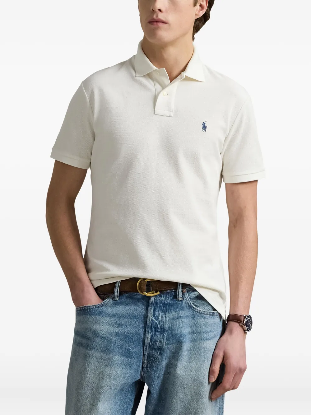 RALPH LAUREN The Iconic Custom Slim Fit Mesh Polo Pale Cream