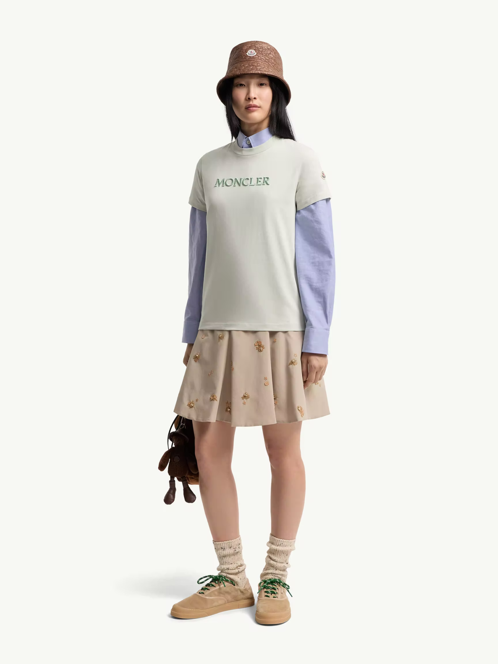 MONCLER WOMEN Embroidered Tonal Logo Cotton T-Shirt Light Green