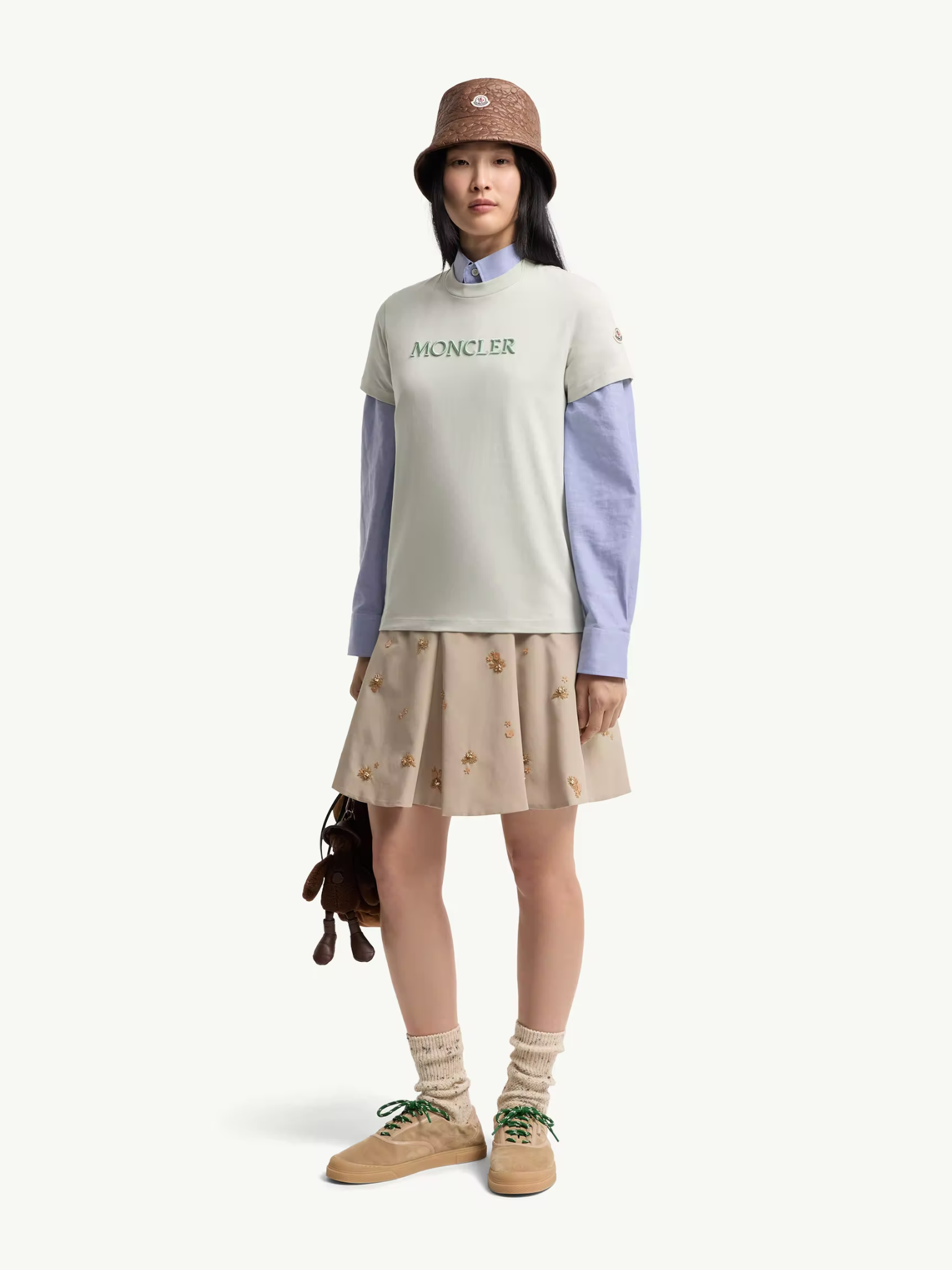 MONCLER WOMEN Embroidered Tonal Logo Cotton T-Shirt Light Green