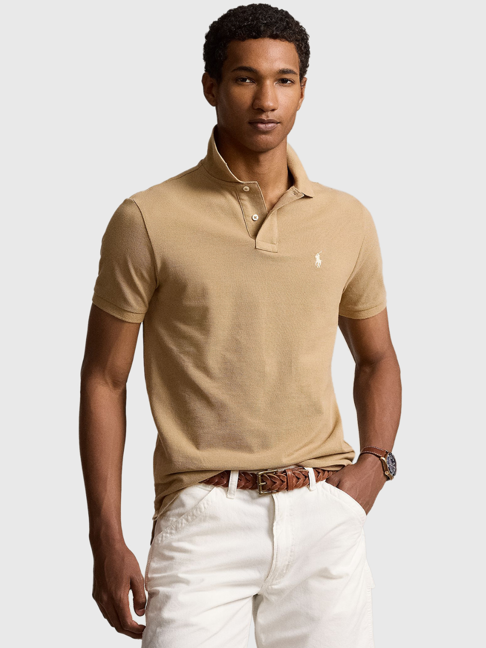 RALPH LAUREN Slim Fit Mesh Polo Shirt Medium Beige
