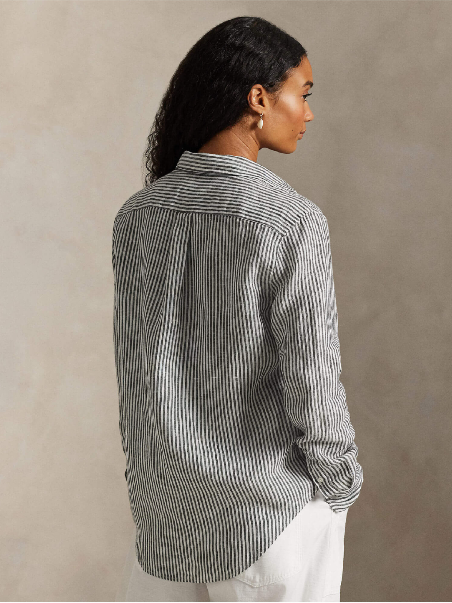 RALPH LAUREN WOMEN Classic Fit Striped Linen Shirt Polo Black/White