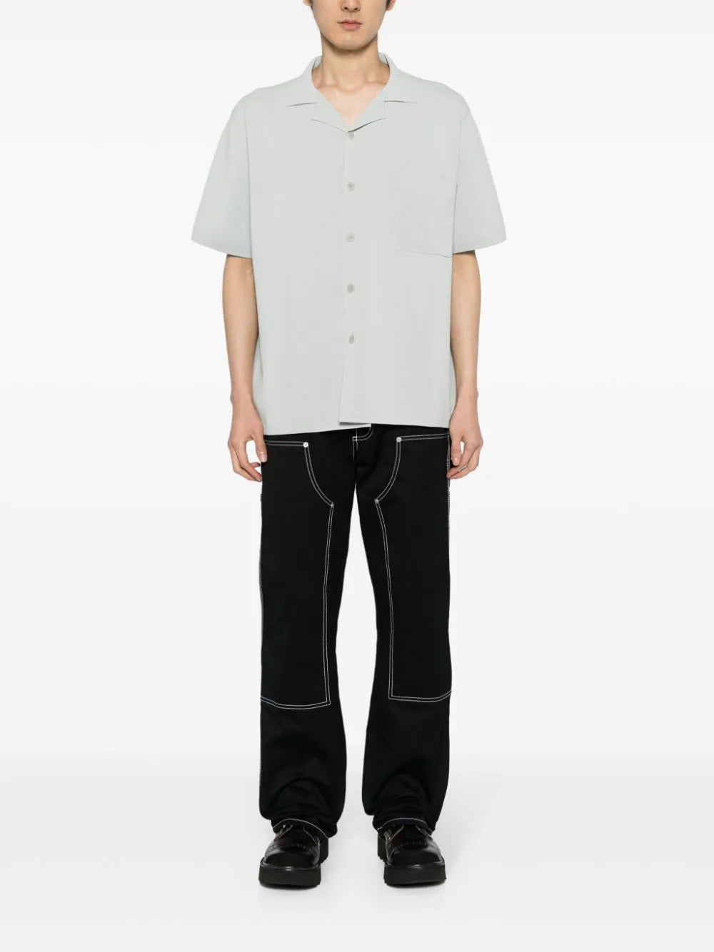 ALPHA TAURI Knitted Patch-Pocket Button-Up Shirt Sage Green
