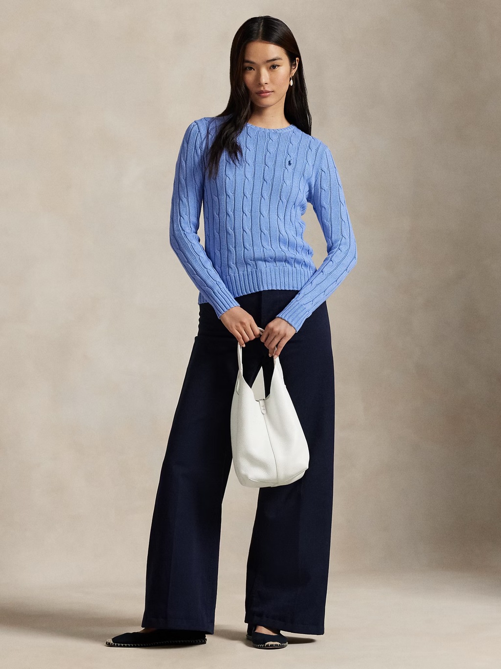 RALPH LAUREN WOMEN Cable-Knit Cotton Crewneck Jumper New Litchfield Blue