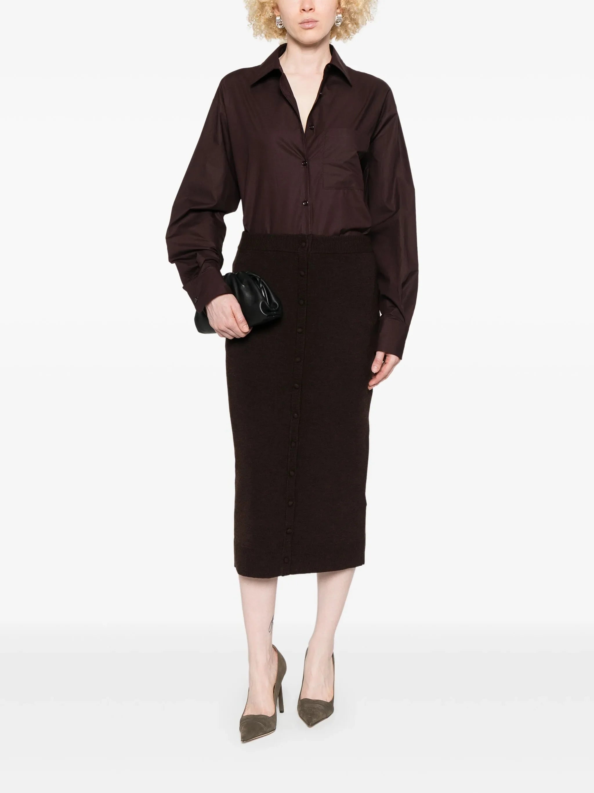 VICTORIA BECKHAM WOMEN Button Detail Midi Skirt Dark Chocolate