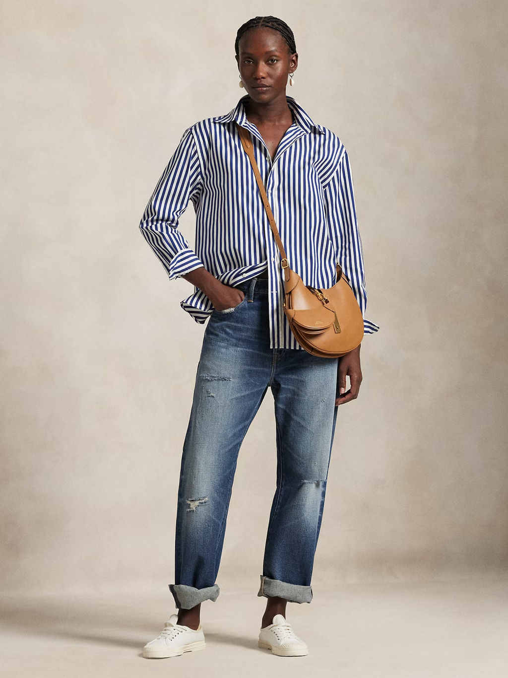 RALPH LAUREN WOMEN Oversize Fit Striped Cotton Shirt Fall Royal/White
