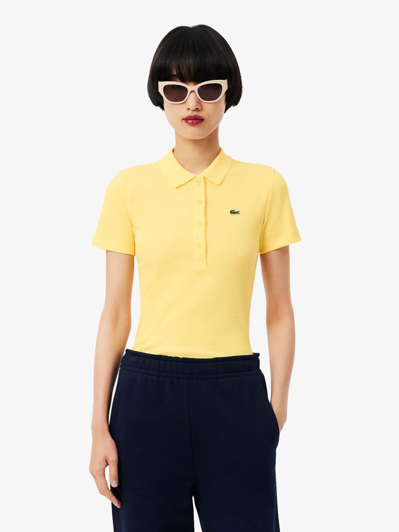 LACOSTE WOMEN Slim Fit L.12.D Ribbed Cotton Polo Shirt Pastel Yellow