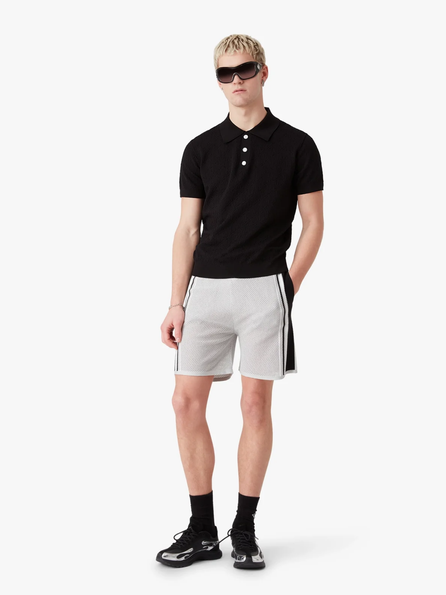 CASABLANCA Pointelle Monogram Short Sleeve Polo Shirt Black