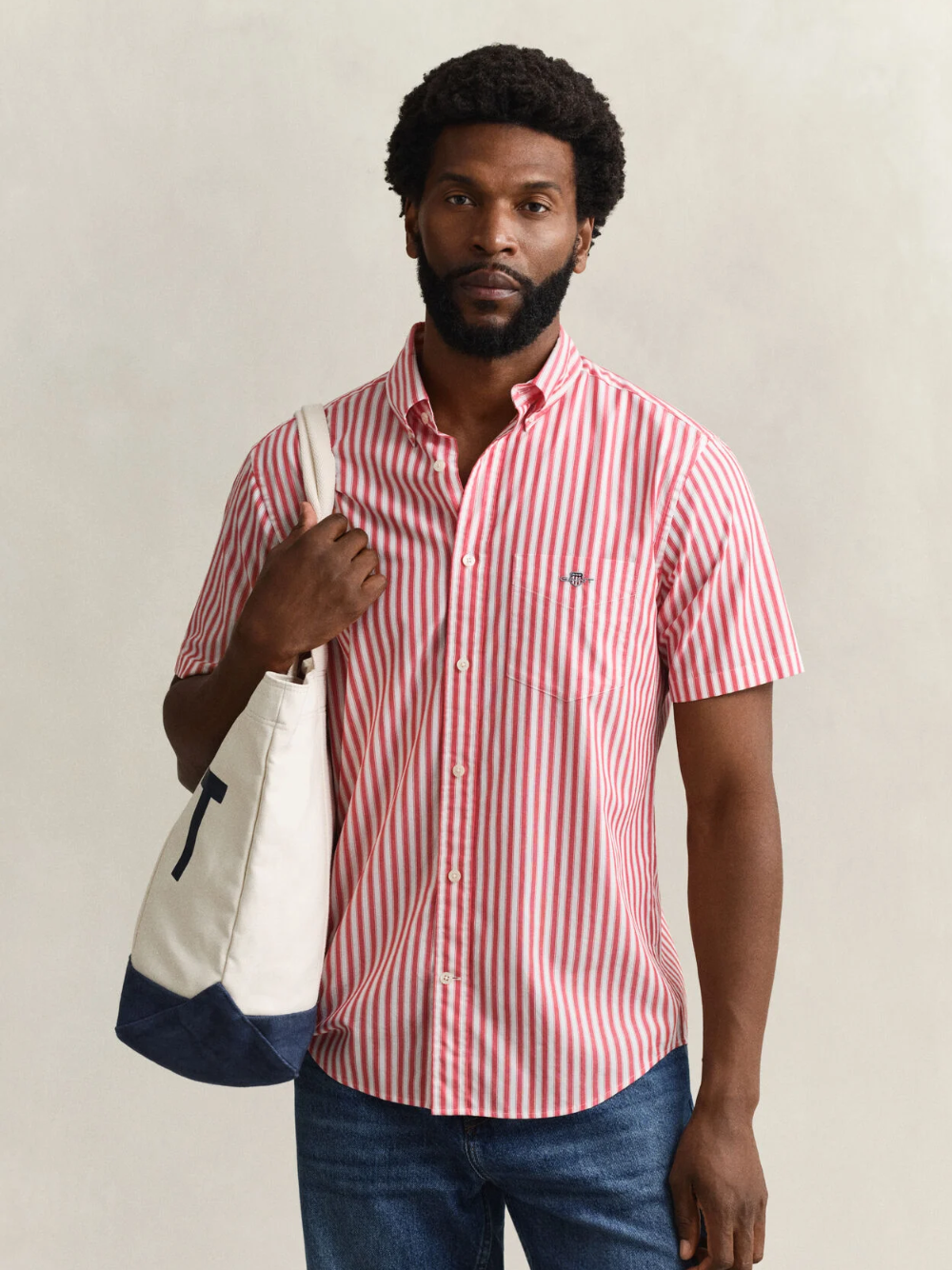 GANT Striped Classic Poplin Short Sleeve Shirt Rose Red