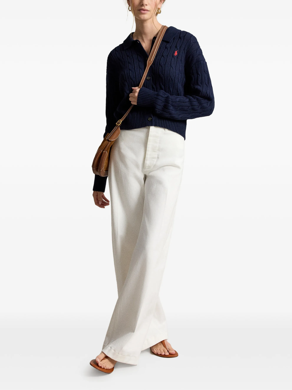 RALPH LAUREN WOMEN Cable Cotton Polo-collar Cardigan Hunter Navy