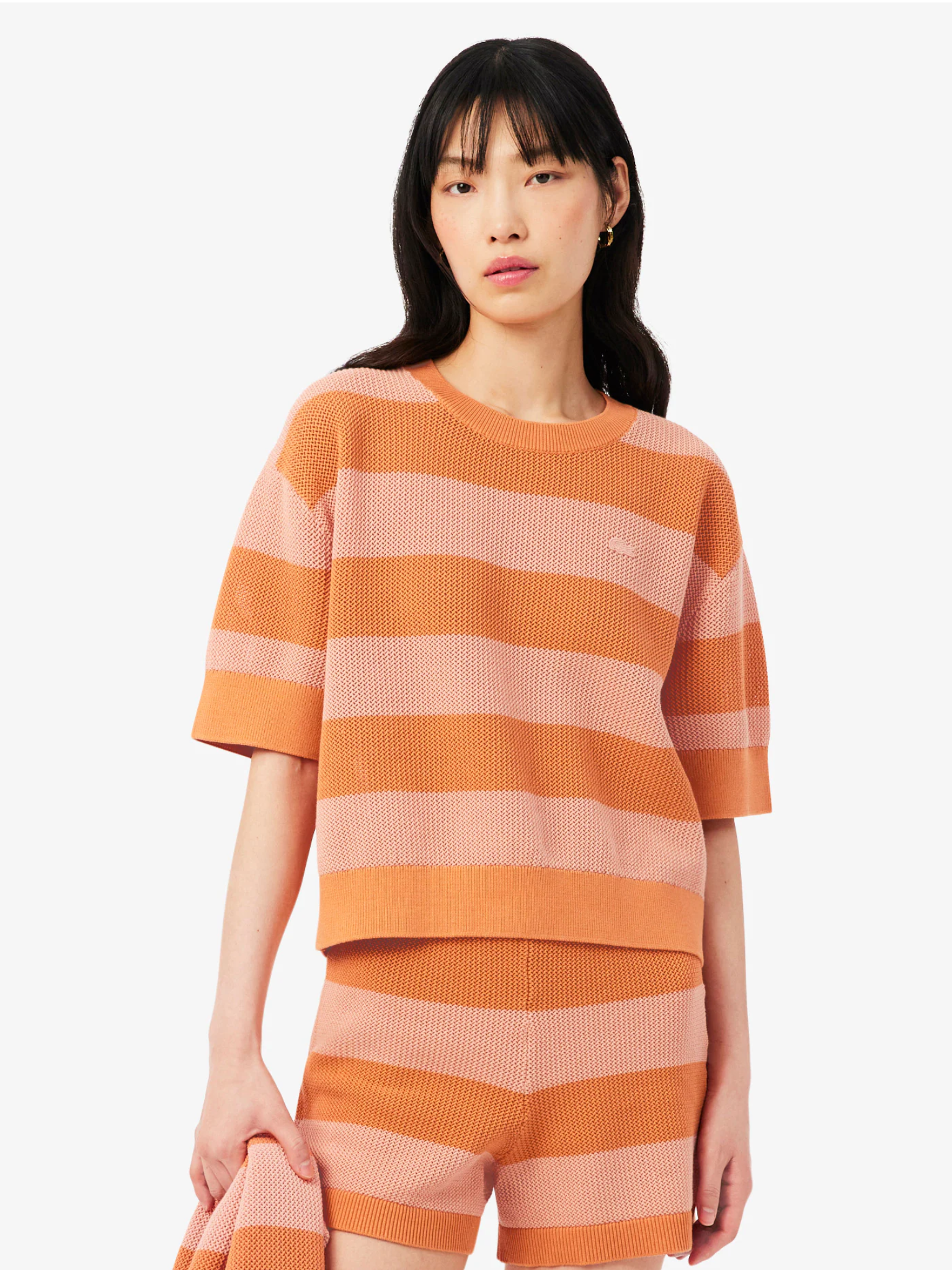LACOSTE WOMEN Striped Mesh Knit T-shirt Orange/Rose