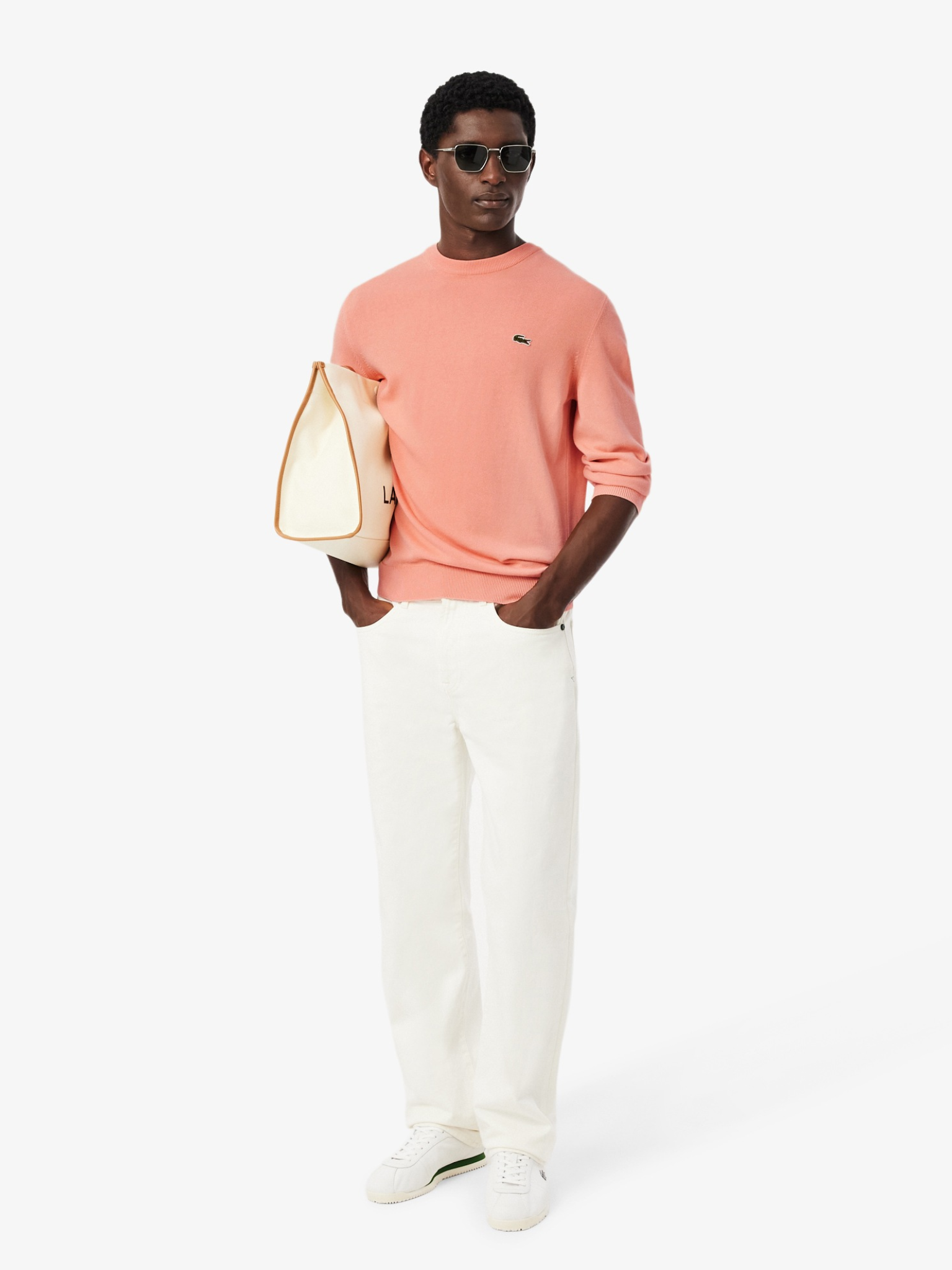 LACOSTE Monochrome Crew Neck Cotton Sweater Coral Pink