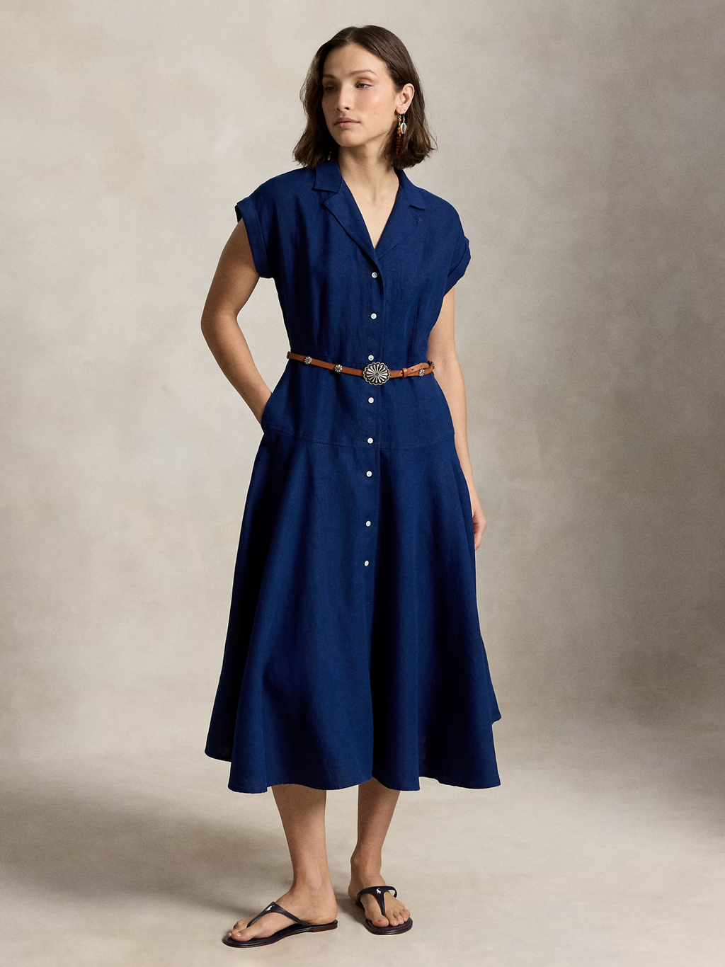 RALPH LAUREN WOMEN Linen Cap-Sleeve Shirt Dress East Side Royal