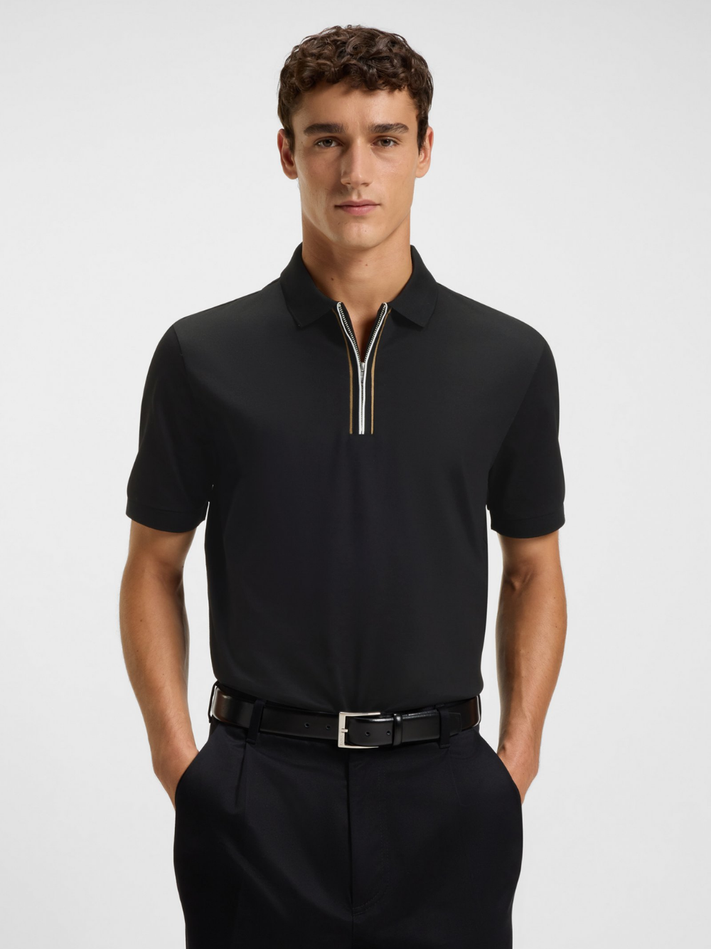 BOSS H-Paras Mercerised-Cotton Polo Shirt With Zip Placket Black