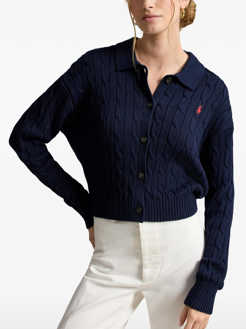 RALPH LAUREN WOMEN Cable Cotton Polo-collar Cardigan Hunter Navy