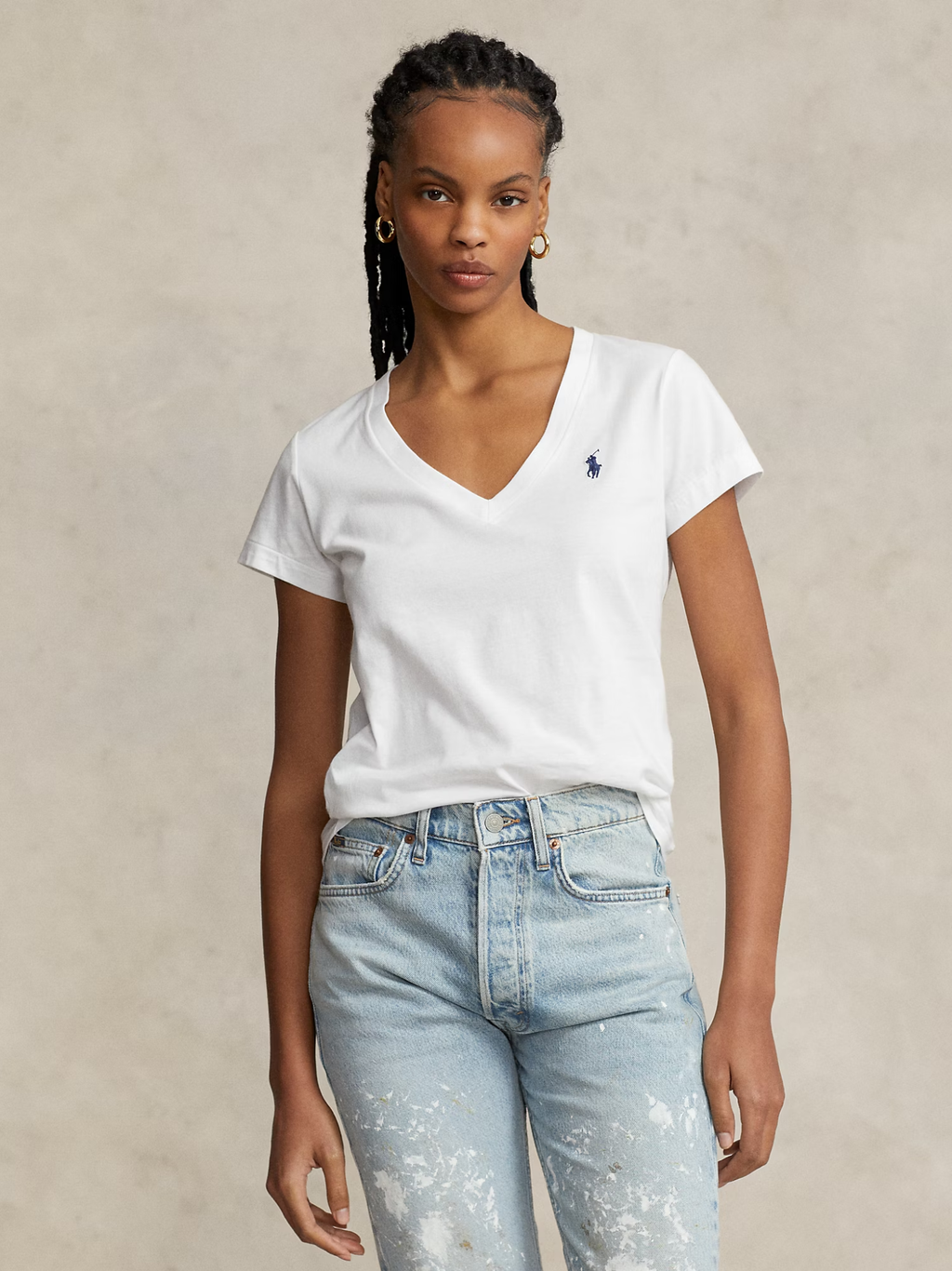 RALPH LAUREN WOMEN Cotton Jersey V-Neck T-Shirt White