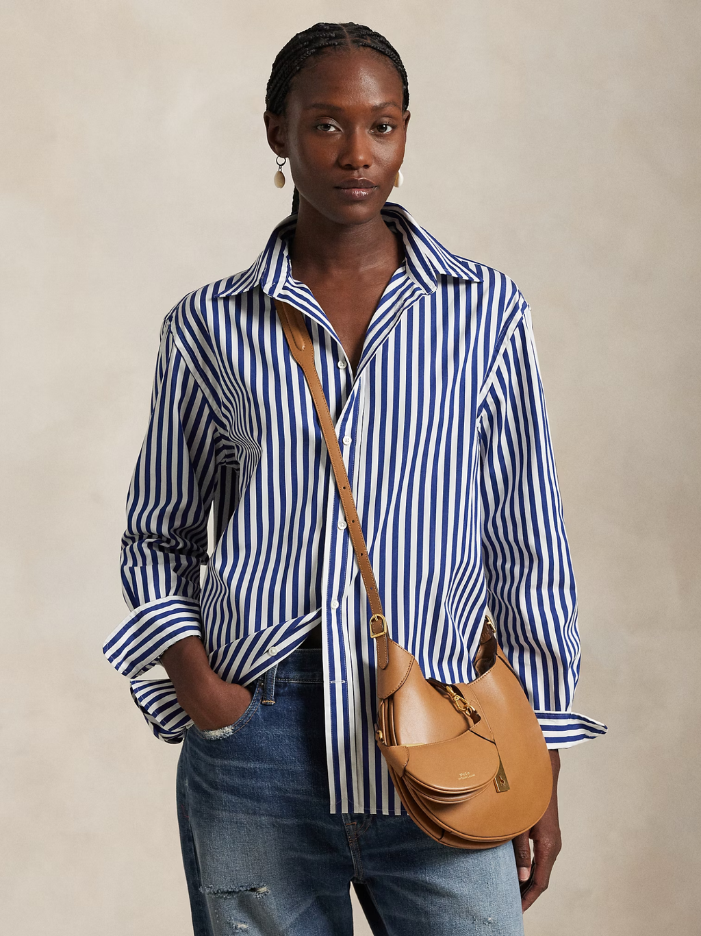 RALPH LAUREN WOMEN Oversize Fit Striped Cotton Shirt Fall Royal/White