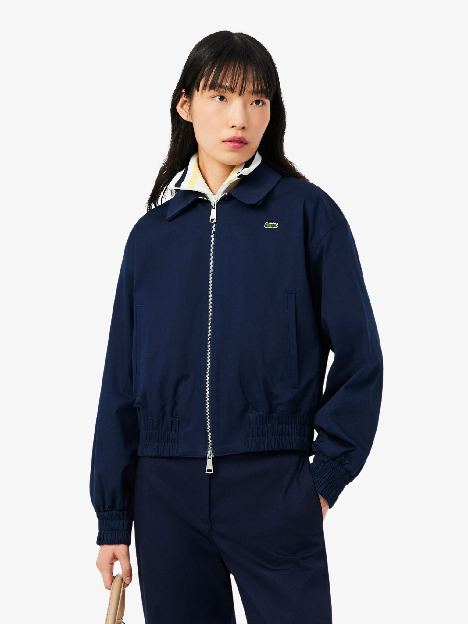 LACOSTE WOMEN Double Collar Stretch Gabardine Jacket Midnight Blue