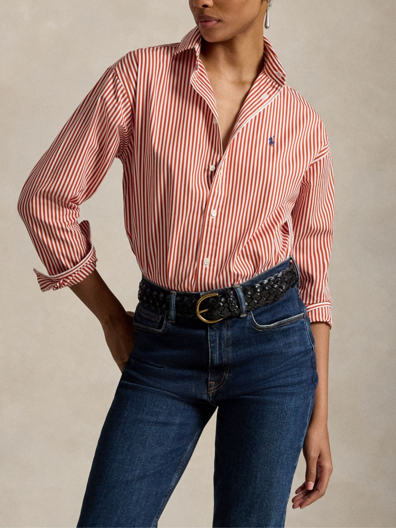 RALPH LAUREN WOMEN Relaxed Fit Striped Cotton Shirt Orange/White