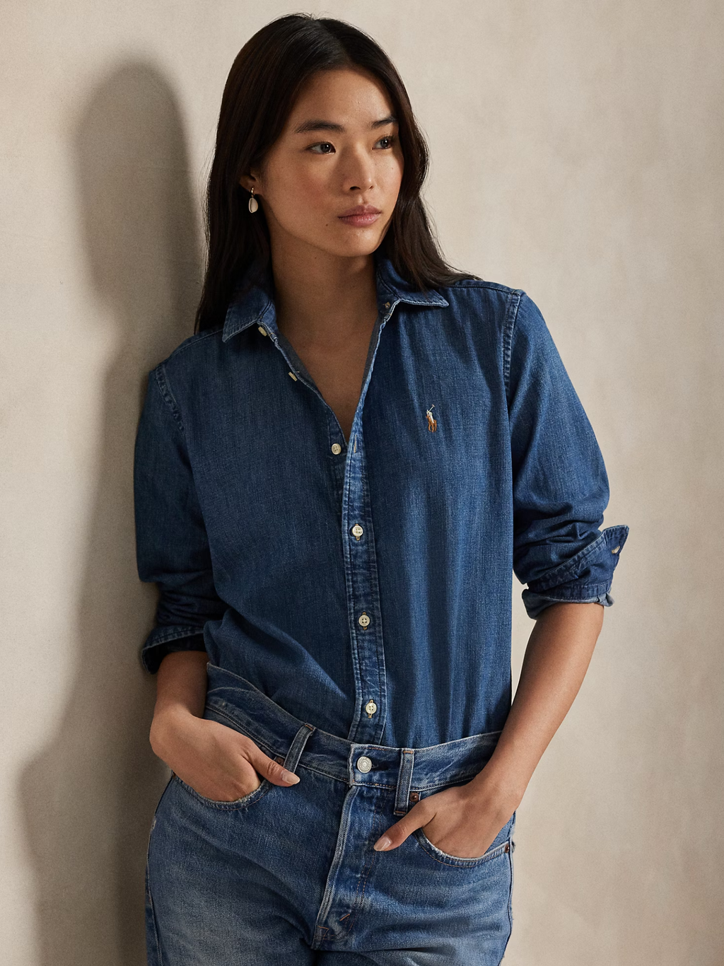 RALPH LAUREN WOMEN Slim Fit Denim Shirt Merced Wash
