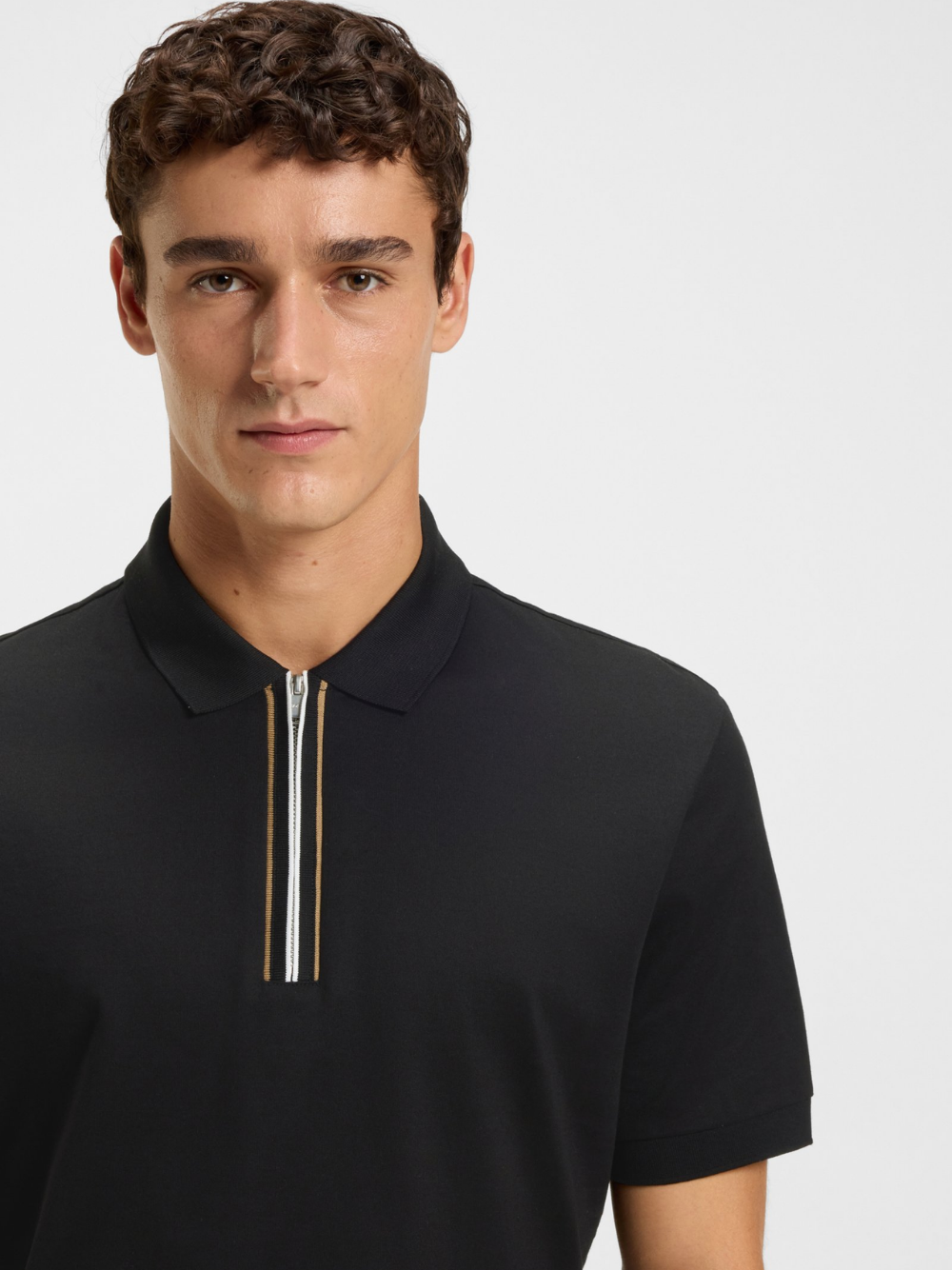 BOSS H-Paras Mercerised-Cotton Polo Shirt With Zip Placket Black