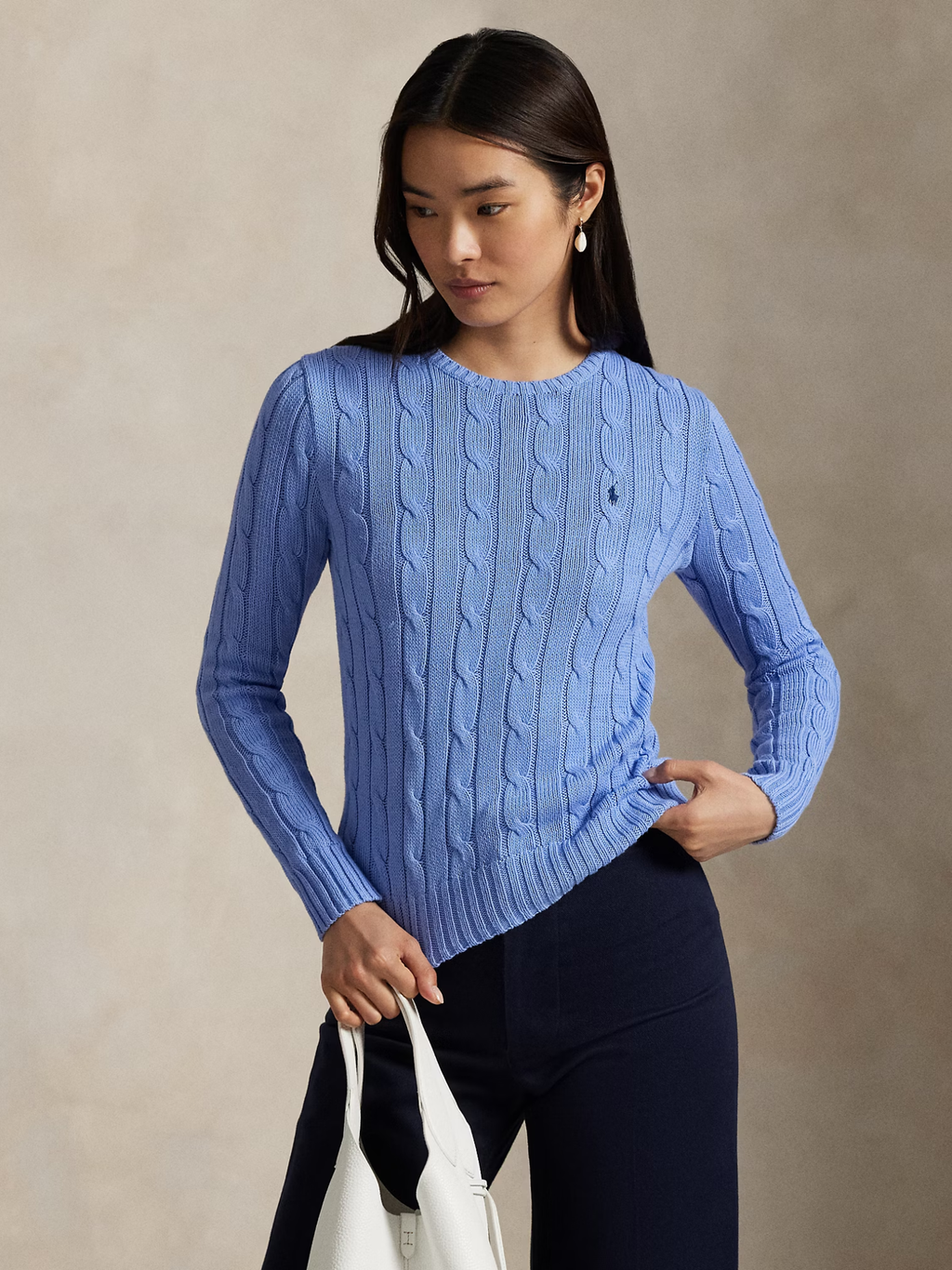 RALPH LAUREN WOMEN Cable-Knit Cotton Crewneck Jumper New Litchfield Blue