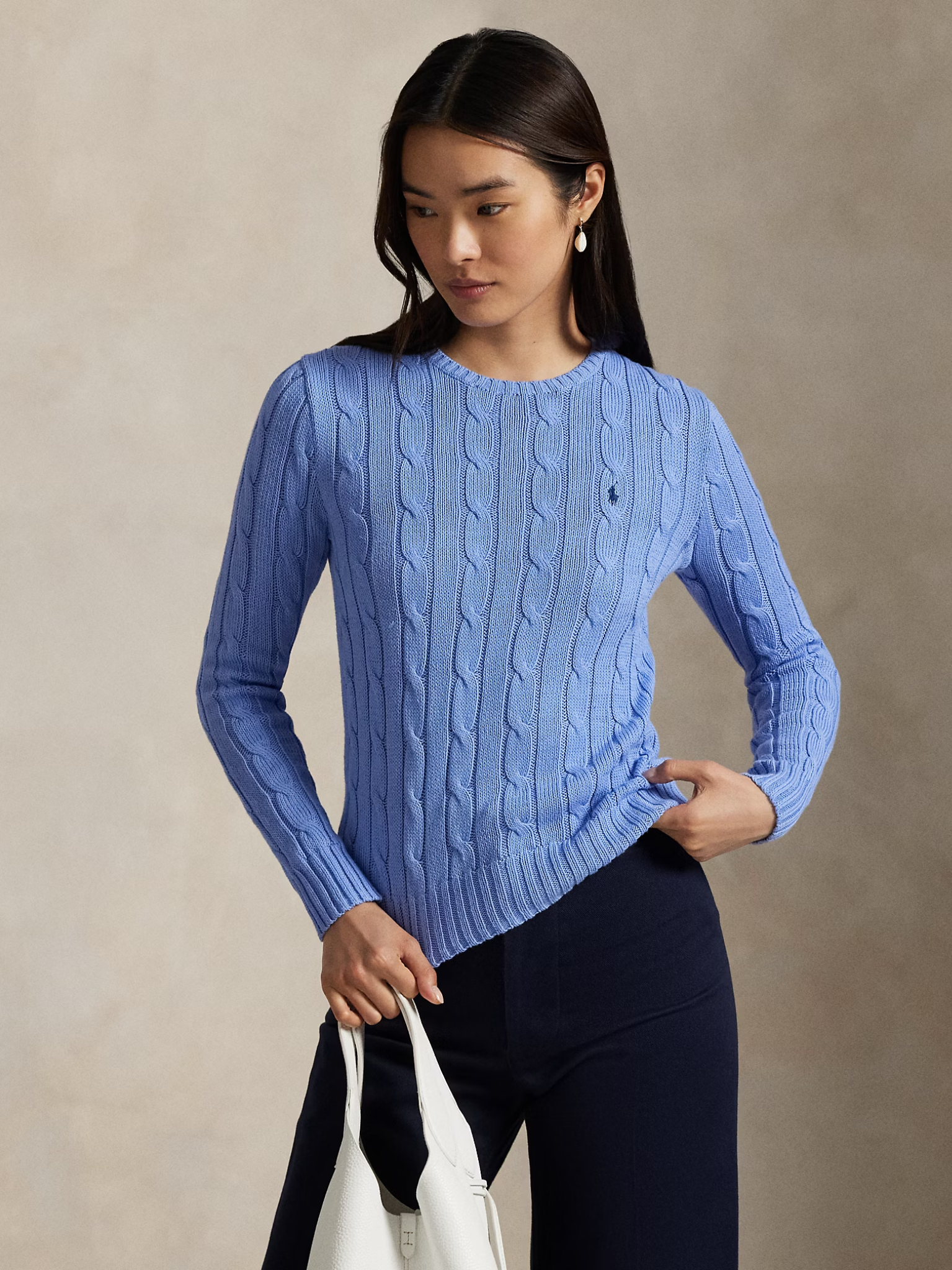 RALPH LAUREN WOMEN Cable-Knit Cotton Crewneck Jumper New Litchfield Blue