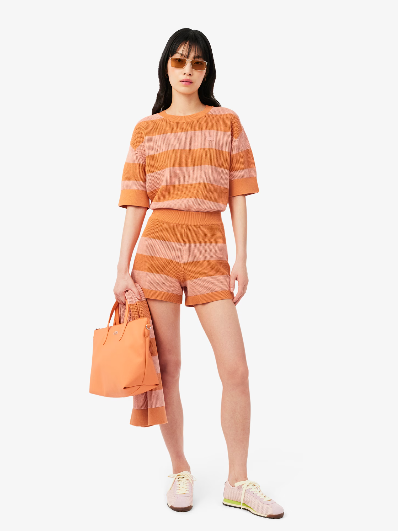 LACOSTE WOMEN Striped Mesh Knit T-shirt Orange/Rose