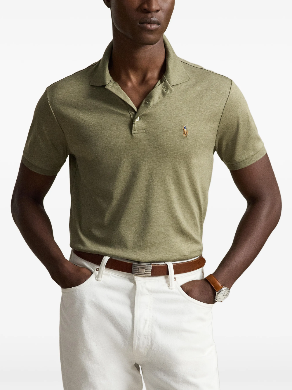 RALPH LAUREN Custom Slim Fit Soft Cotton Polo Shirt Light Green Heather
