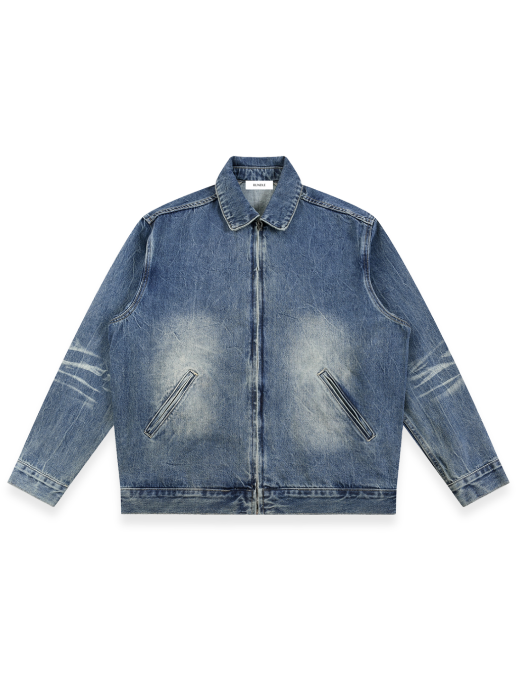 RUNDLE Vintage Wash Zip Up Denim Jacket Washed Blue