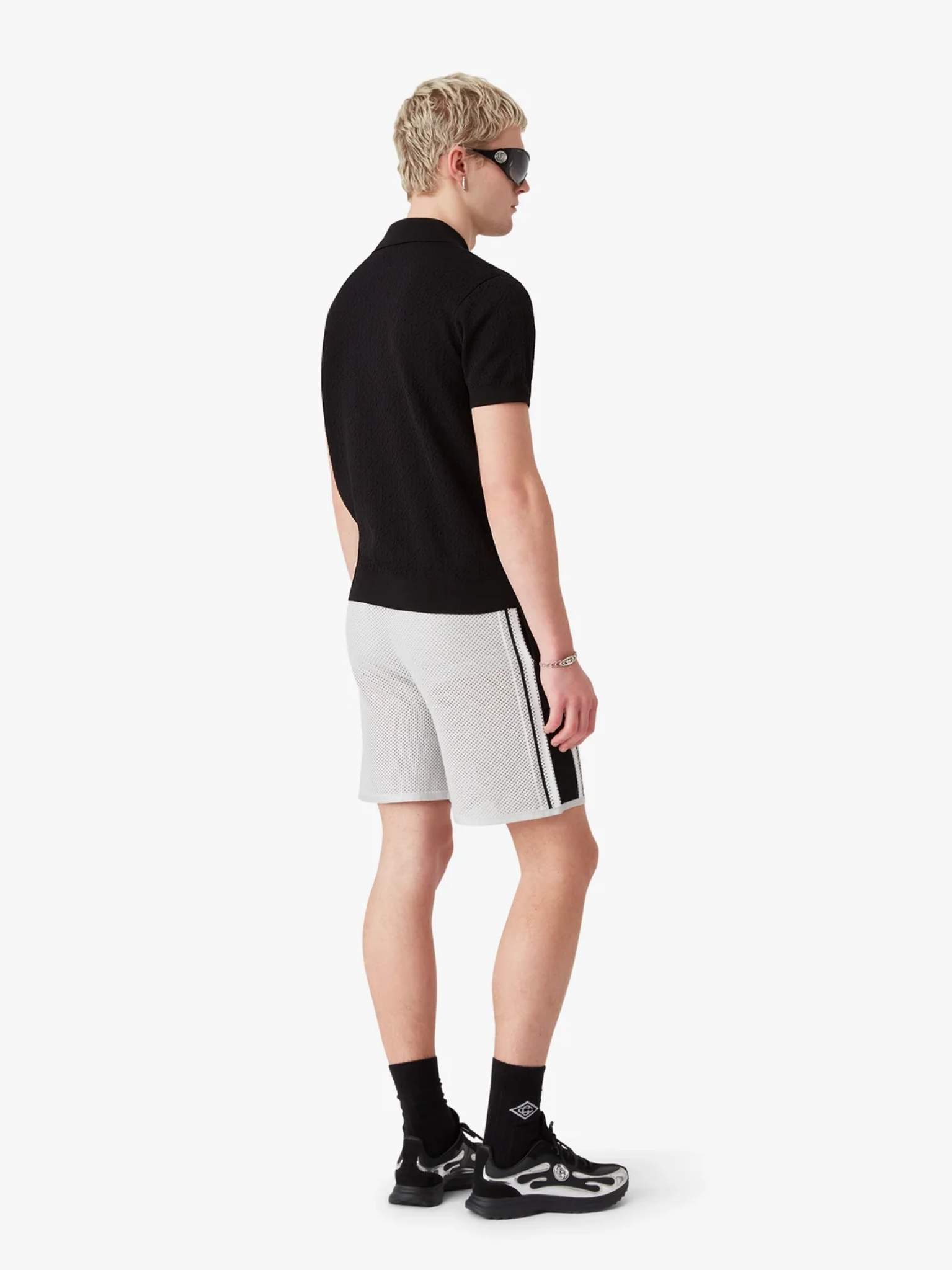 CASABLANCA Pointelle Monogram Short Sleeve Polo Shirt Black