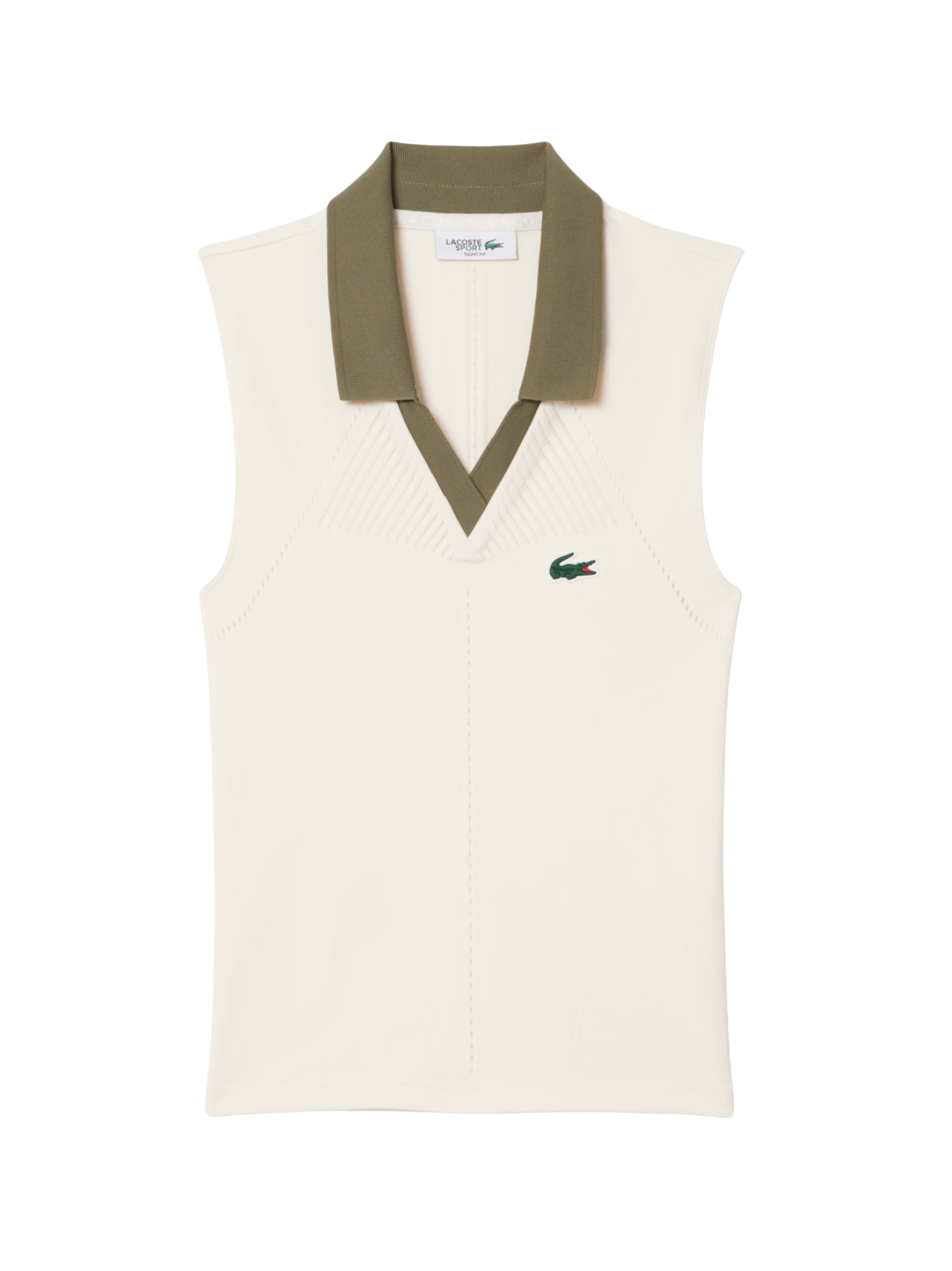 LACOSTE WOMEN Sleeveless Stretch Knit Tennis Polo White/Khaki Green