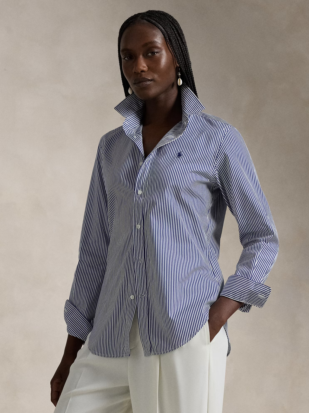 RALPH LAUREN WOMEN Slim Fit Striped Cotton Shirt White/Autumn Royal