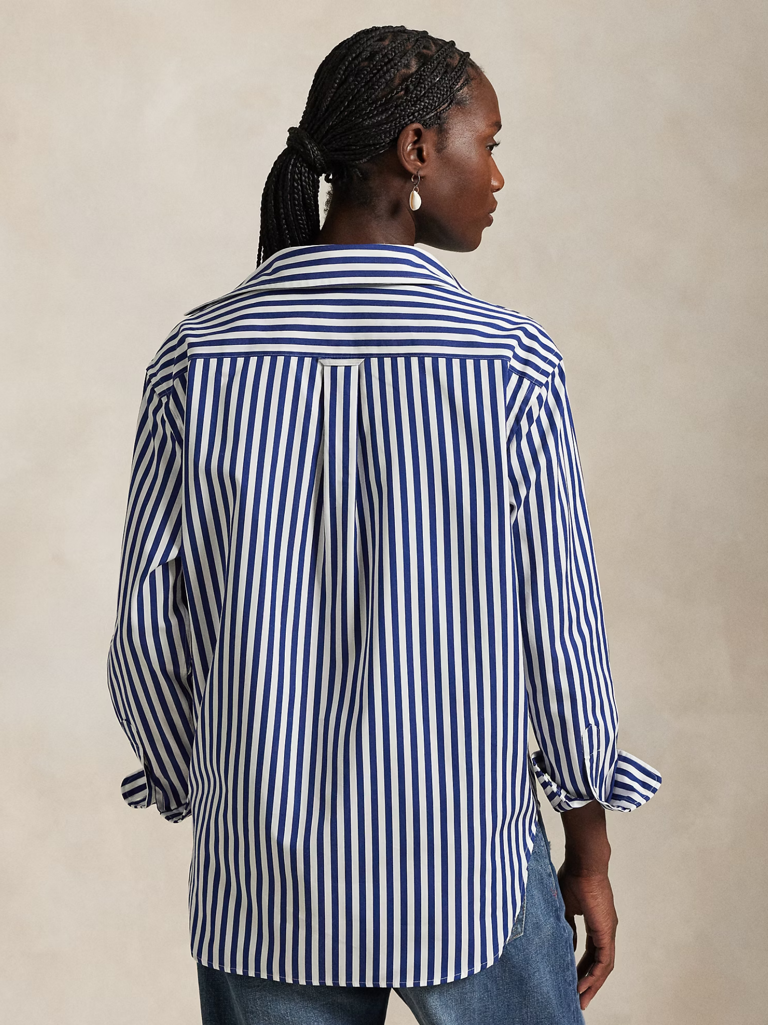 RALPH LAUREN WOMEN Oversize Fit Striped Cotton Shirt Fall Royal/White