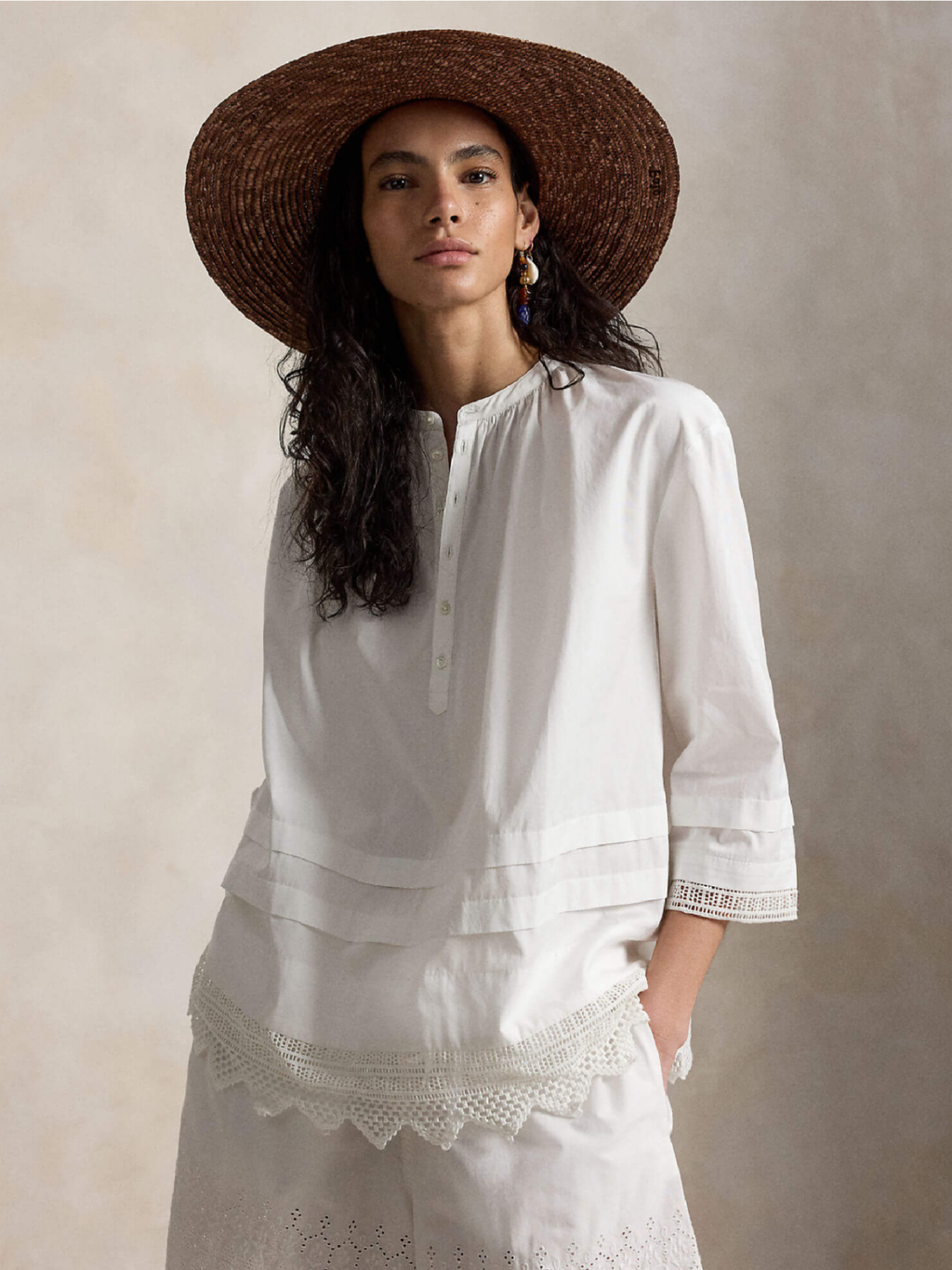 RALPH LAUREN WOMEN Crochet-trim Cotton Shirt White