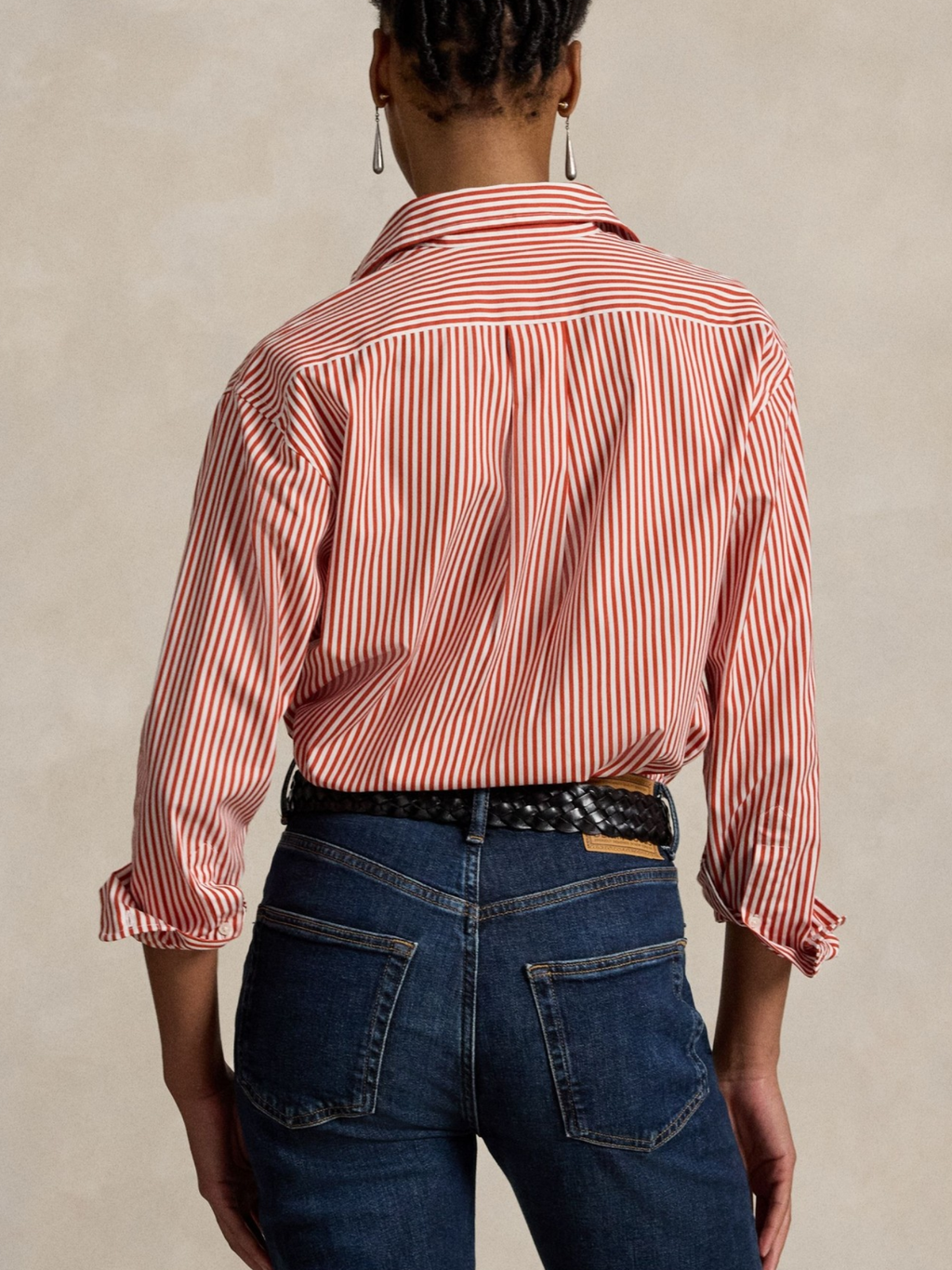RALPH LAUREN WOMEN Relaxed Fit Striped Cotton Shirt Orange/White