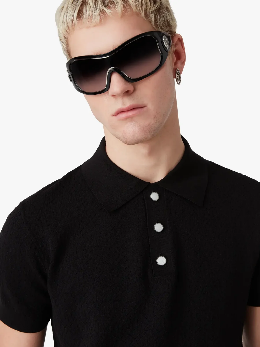CASABLANCA Pointelle Monogram Short Sleeve Polo Shirt Black