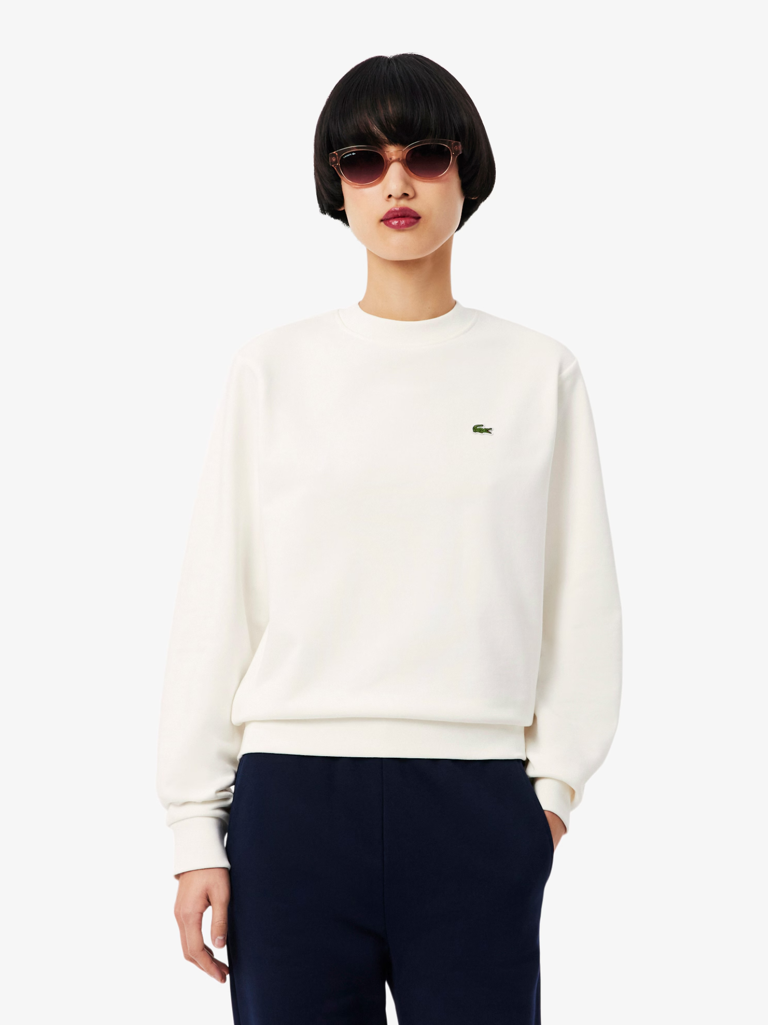 LACOSTE WOMEN Relaxed Fit Fleece Crew Neck Sweatshirt White