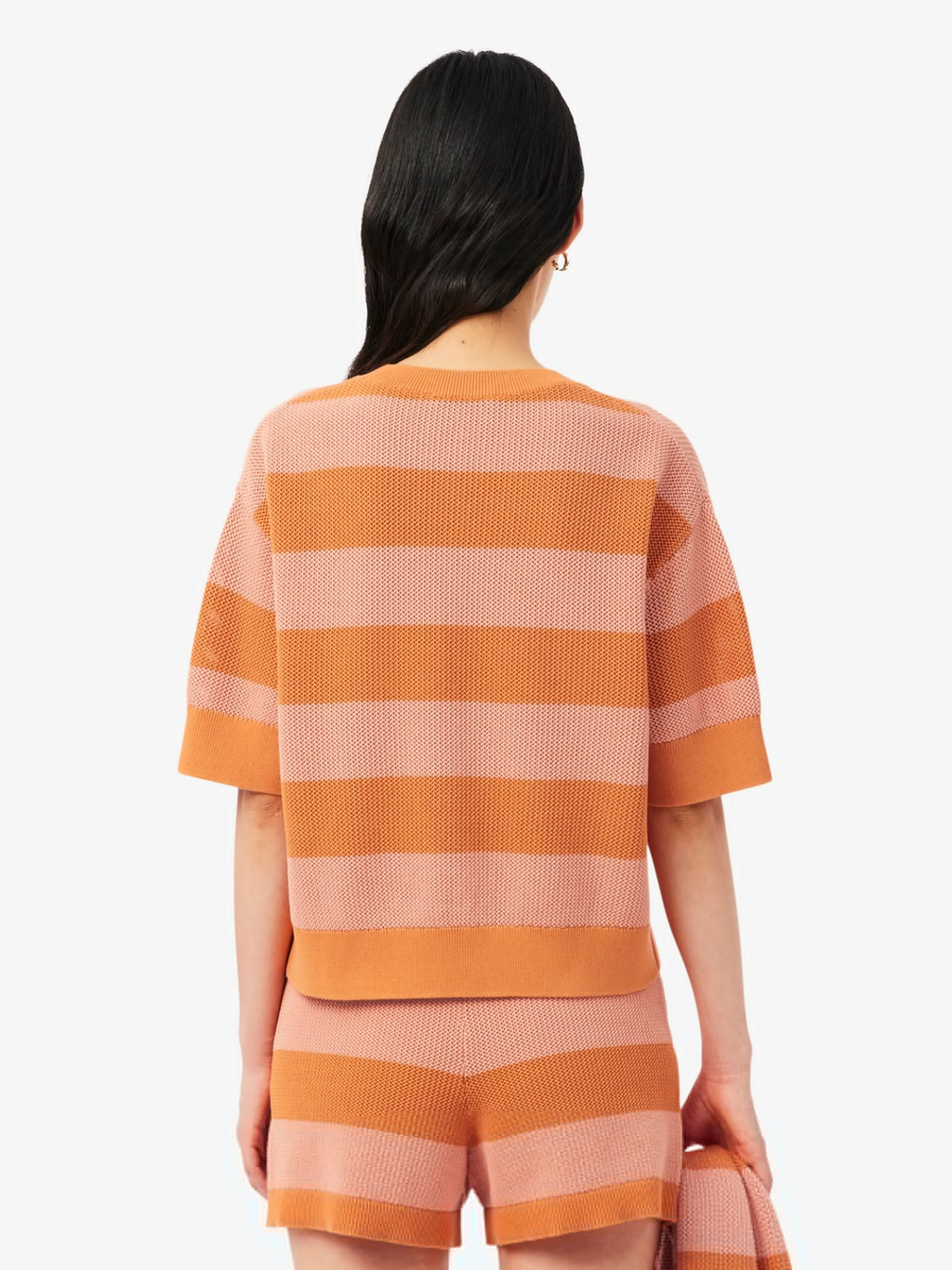 LACOSTE WOMEN Striped Mesh Knit T-shirt Orange/Rose