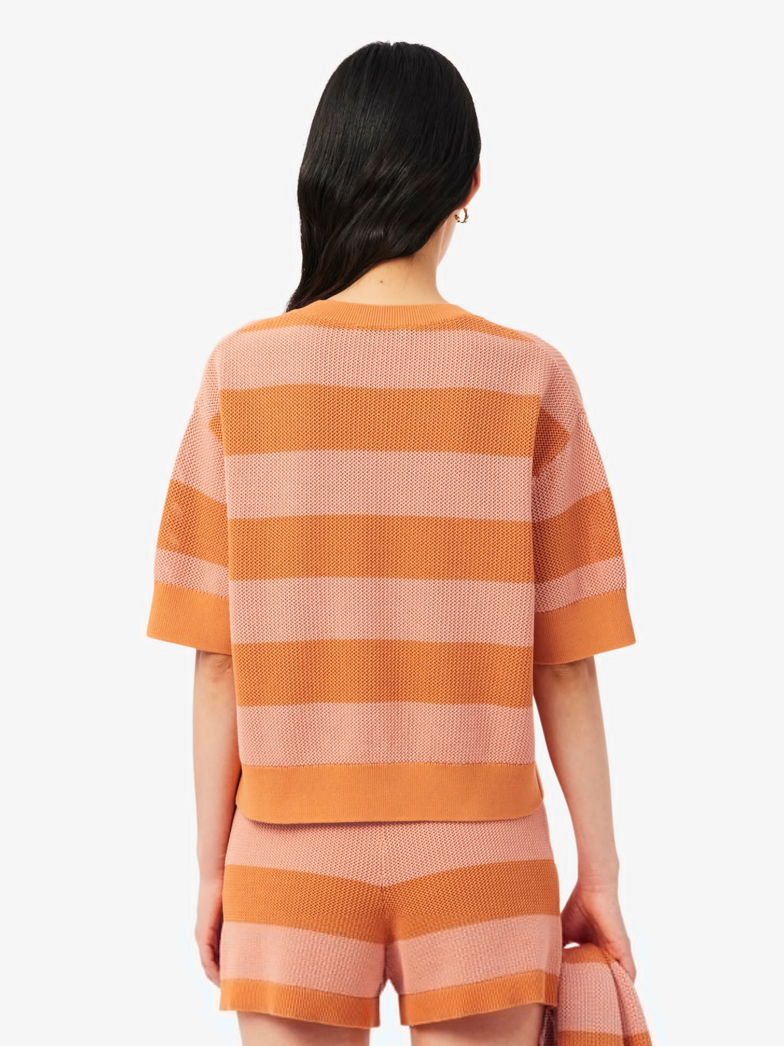 LACOSTE WOMEN Striped Mesh Knit T-shirt Orange/Rose