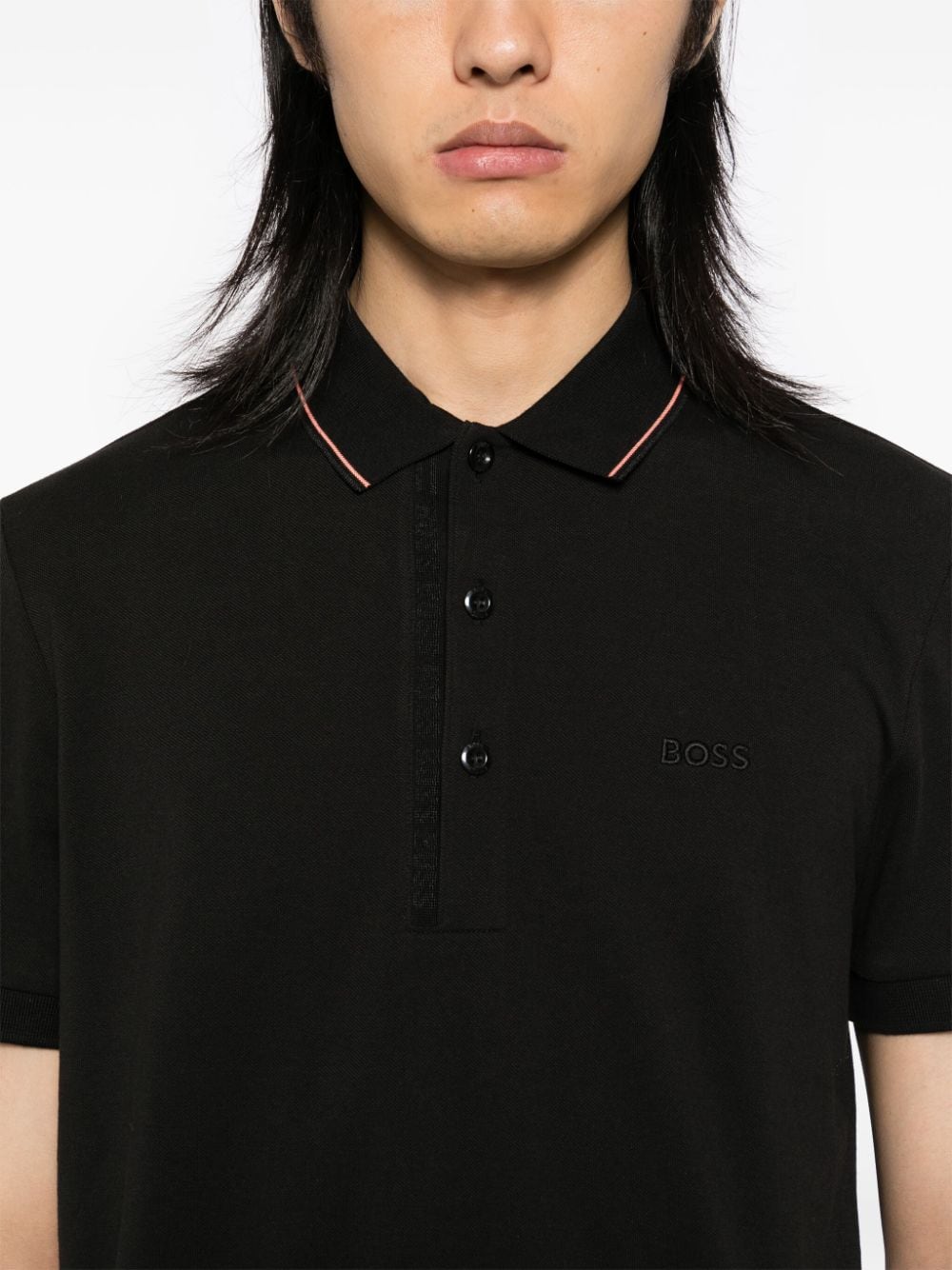 BOSS Paule 4 Logo Patch Pique Polo Shirt Black