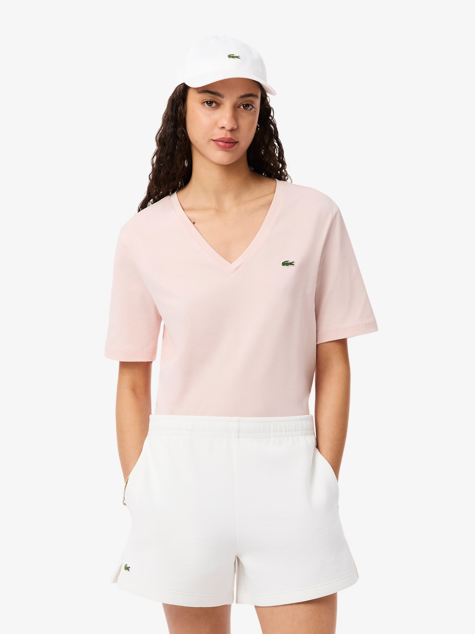 LACOSTE WOMEN Relaxed Fit Soft Cotton V Neck T-shirt Light Pink