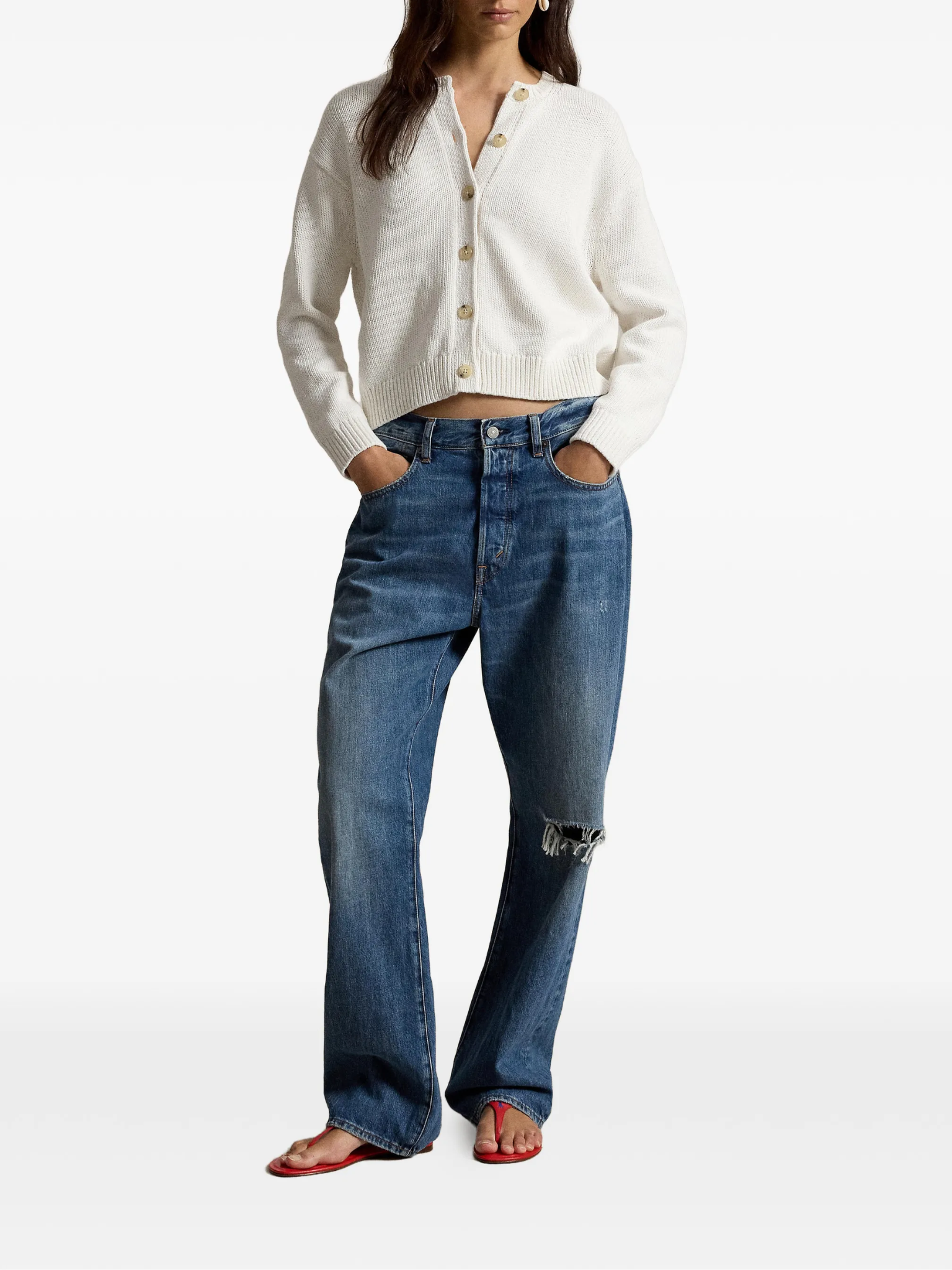 RALPH LAUREN WOMEN Linen-blend Crewneck Cardigan White