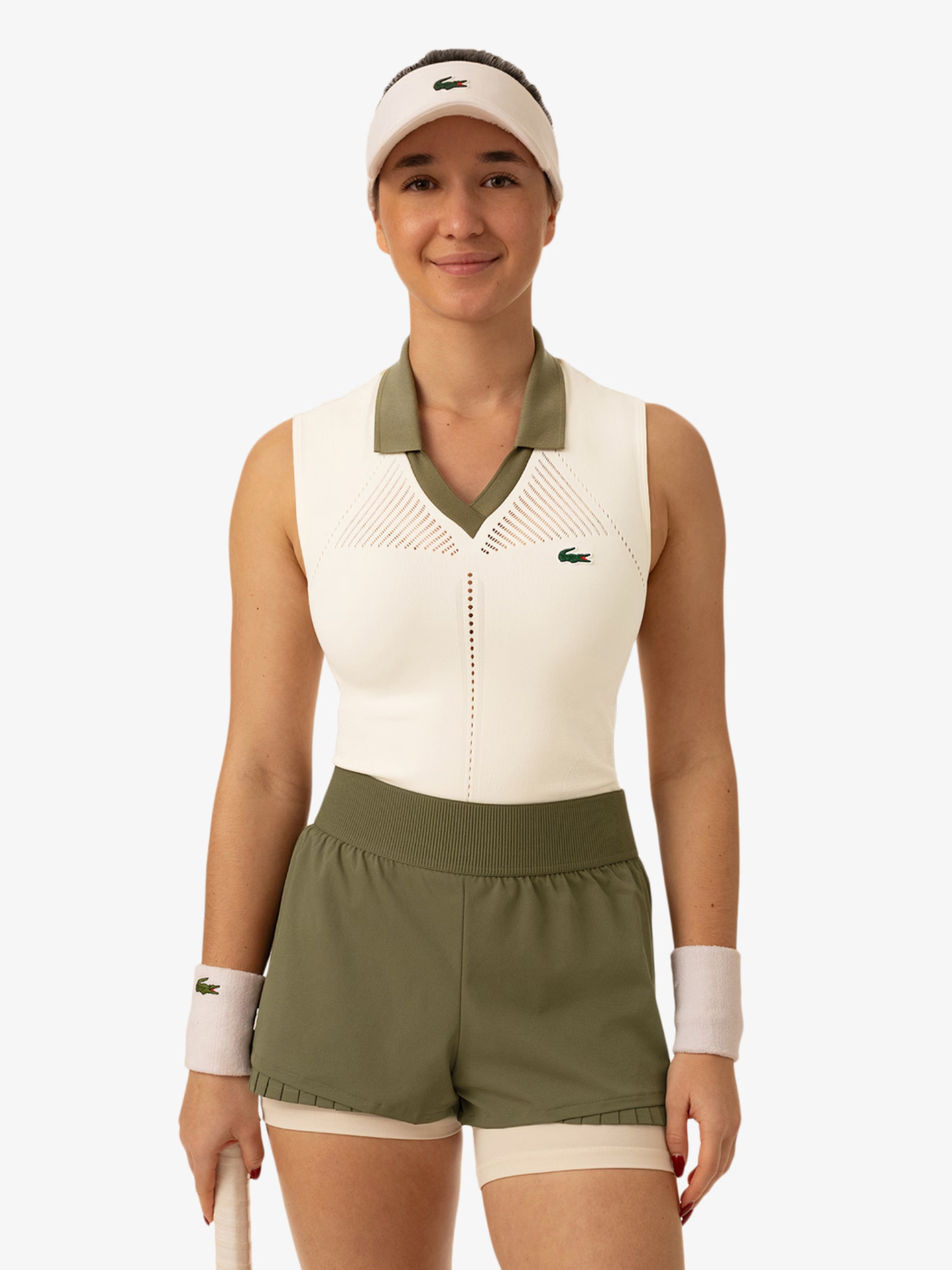 LACOSTE WOMEN Sleeveless Stretch Knit Tennis Polo White/Khaki Green