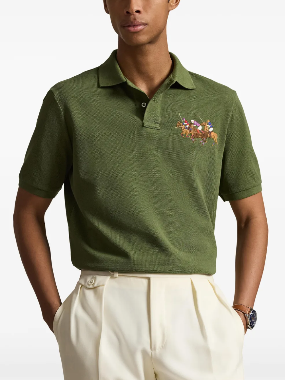 RALPH LAUREN Classic Fit Triple-Pony Mesh Polo Shirt Supply Olive