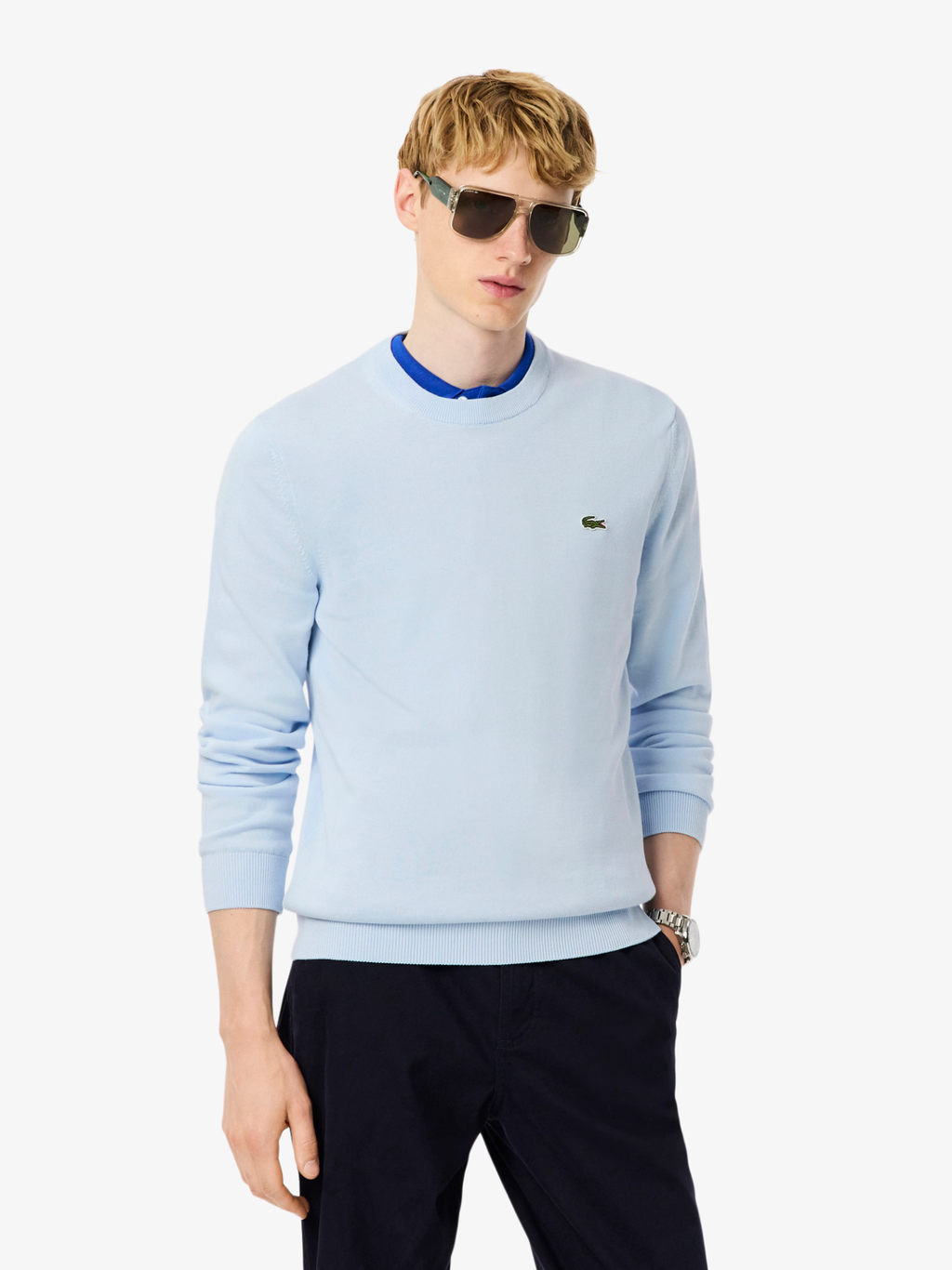 LACOSTE Monochrome Crew Neck Cotton Sweater Light Blue